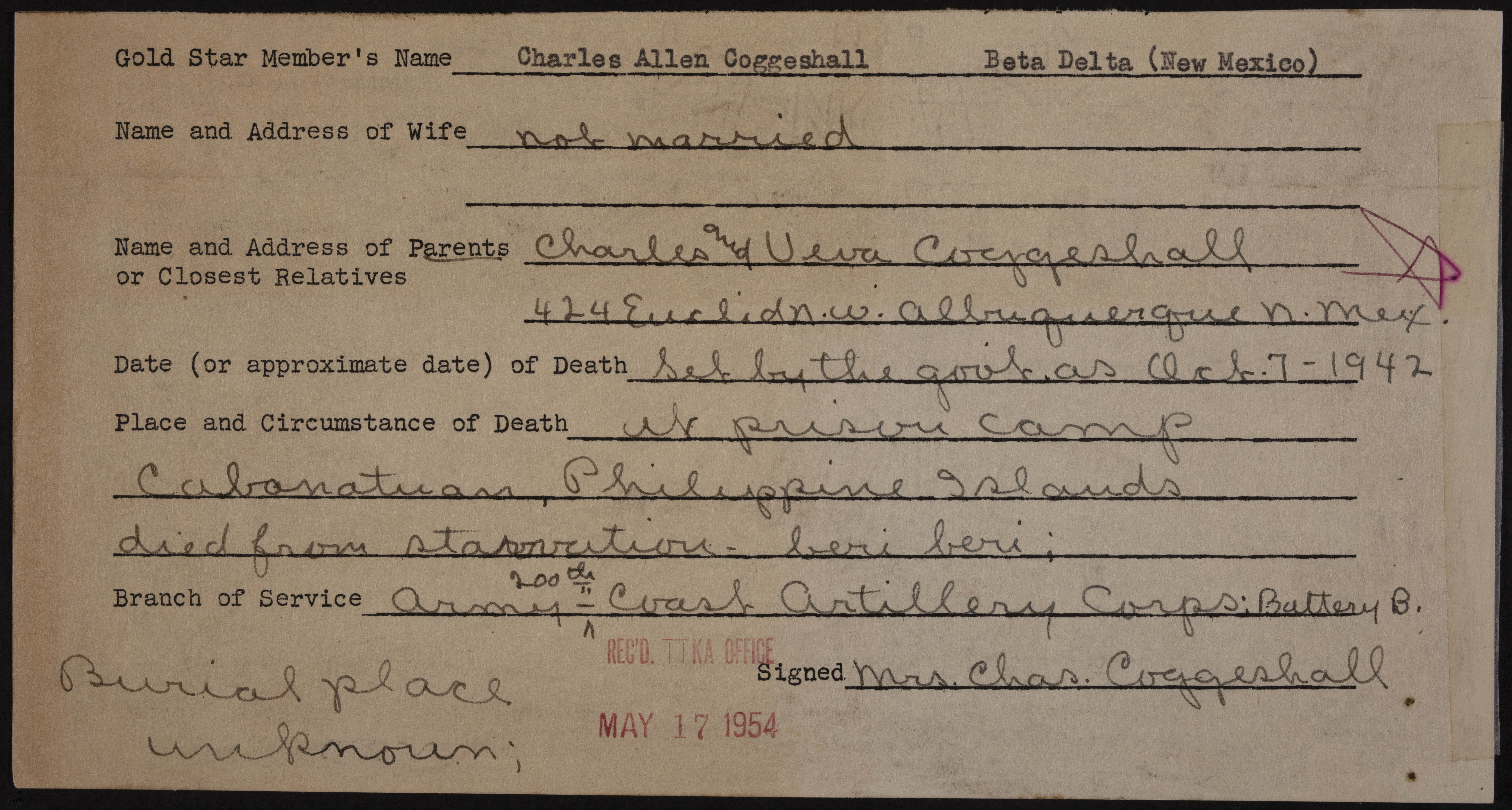 Charles Allen Coggeshall War Record Form