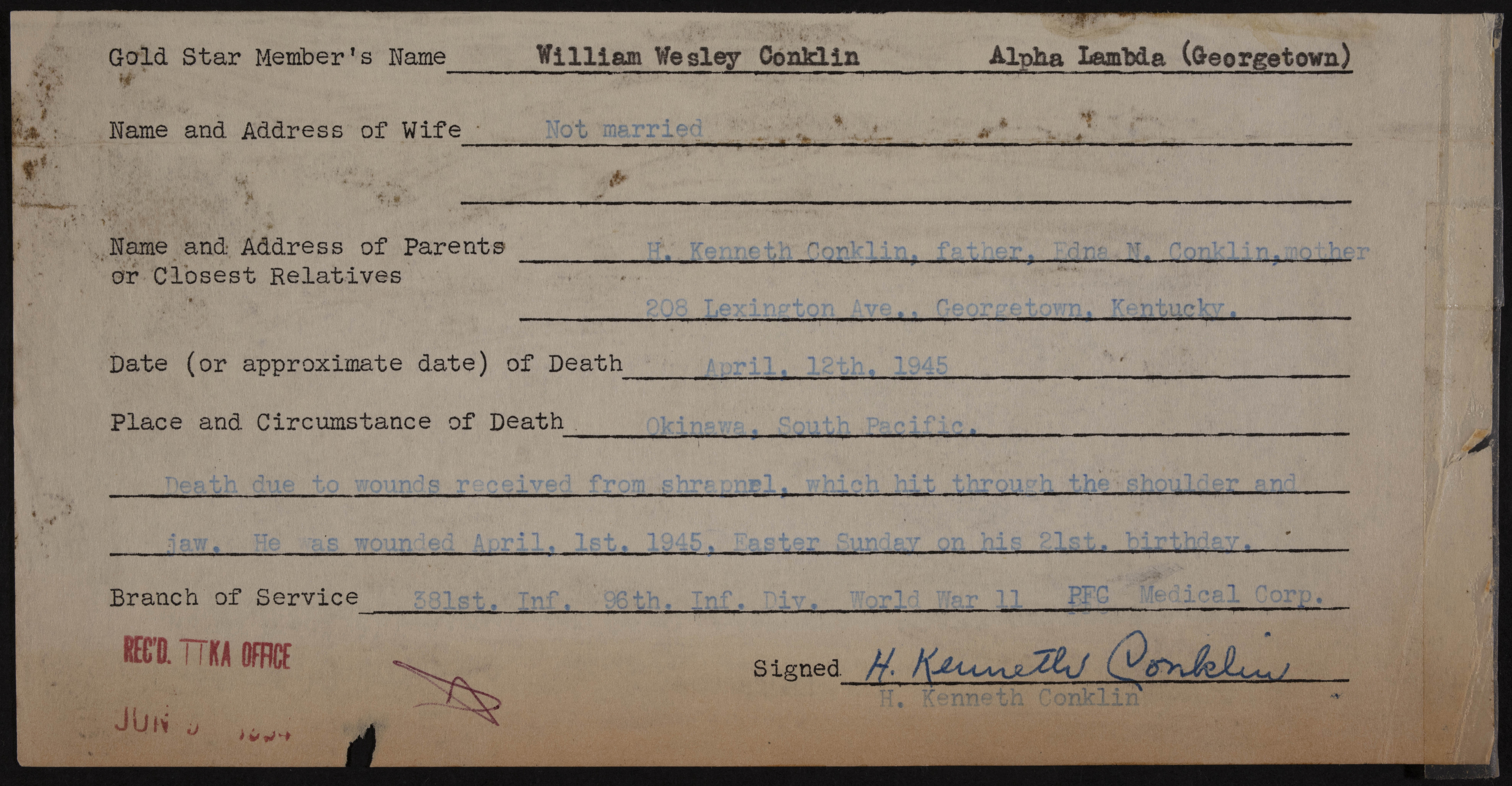 William Wesley Conklin War Record Form, June 5, 1954