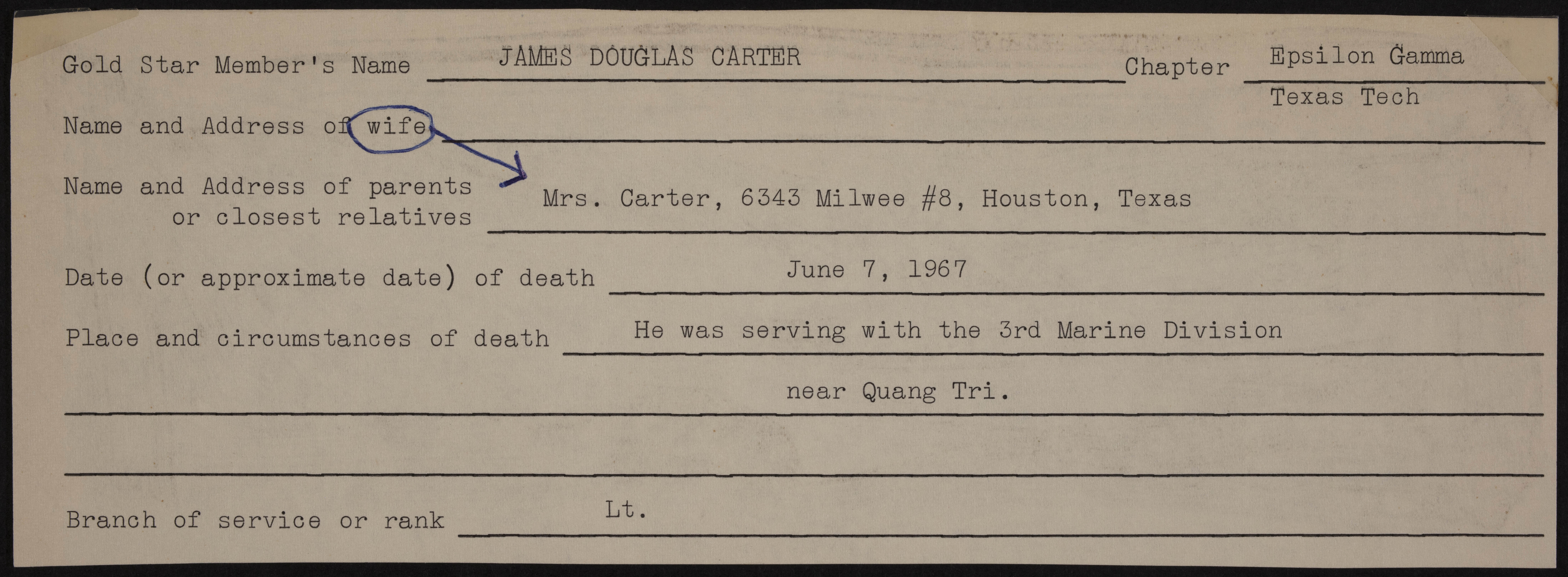 James Douglas Carter War Record Form
