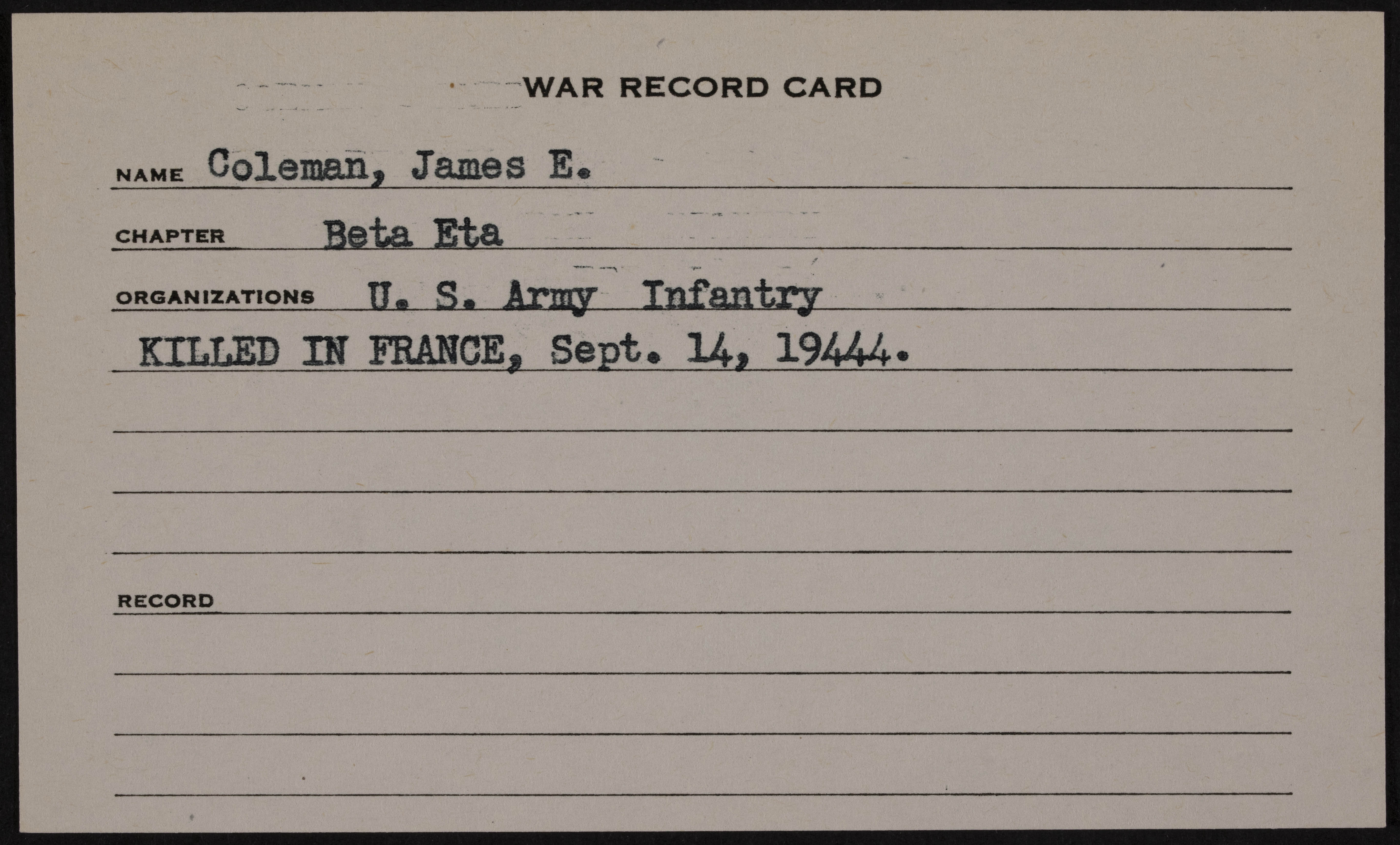 James Edward Coleman War Record Card