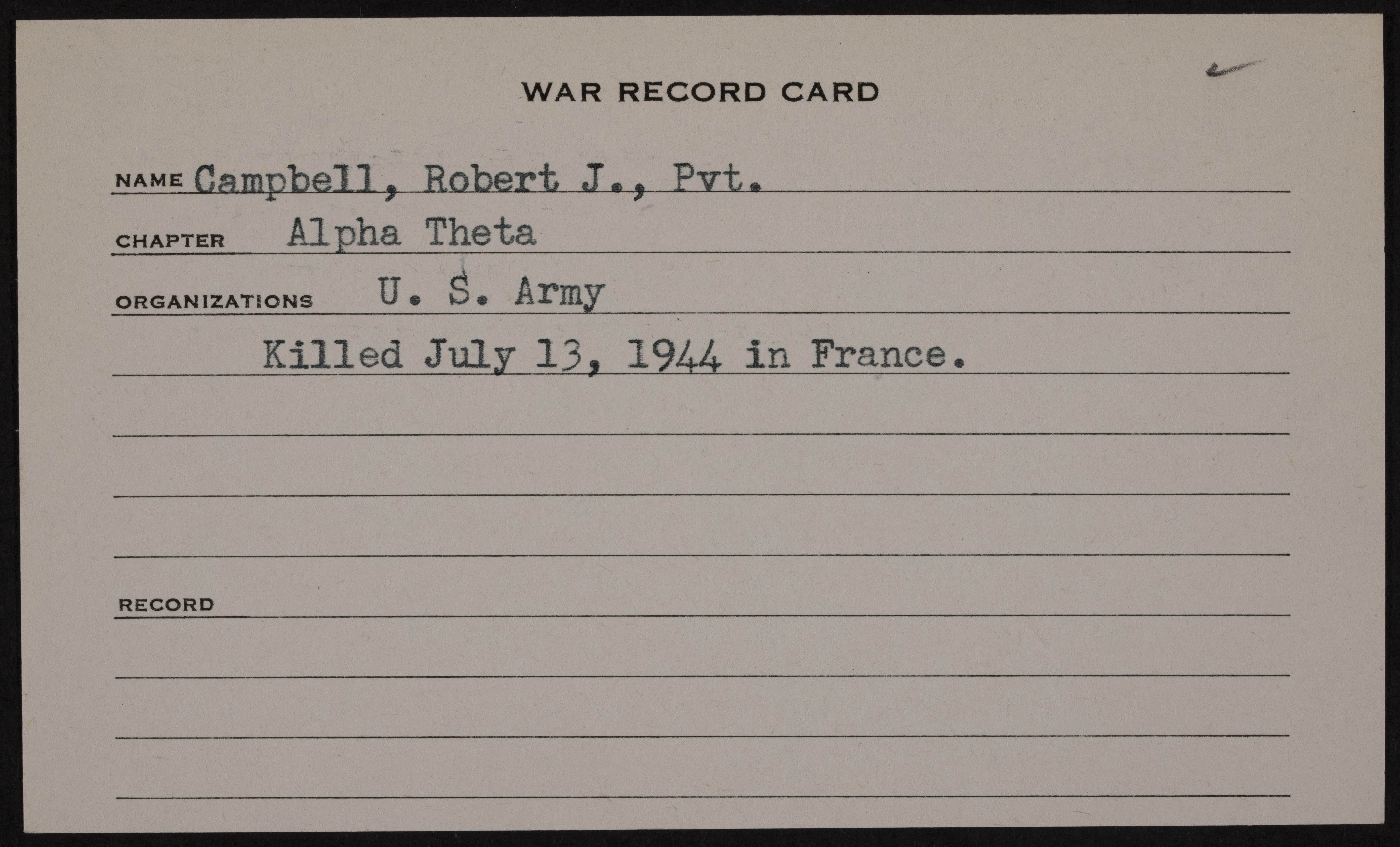 Robert John Campbell War Record Card