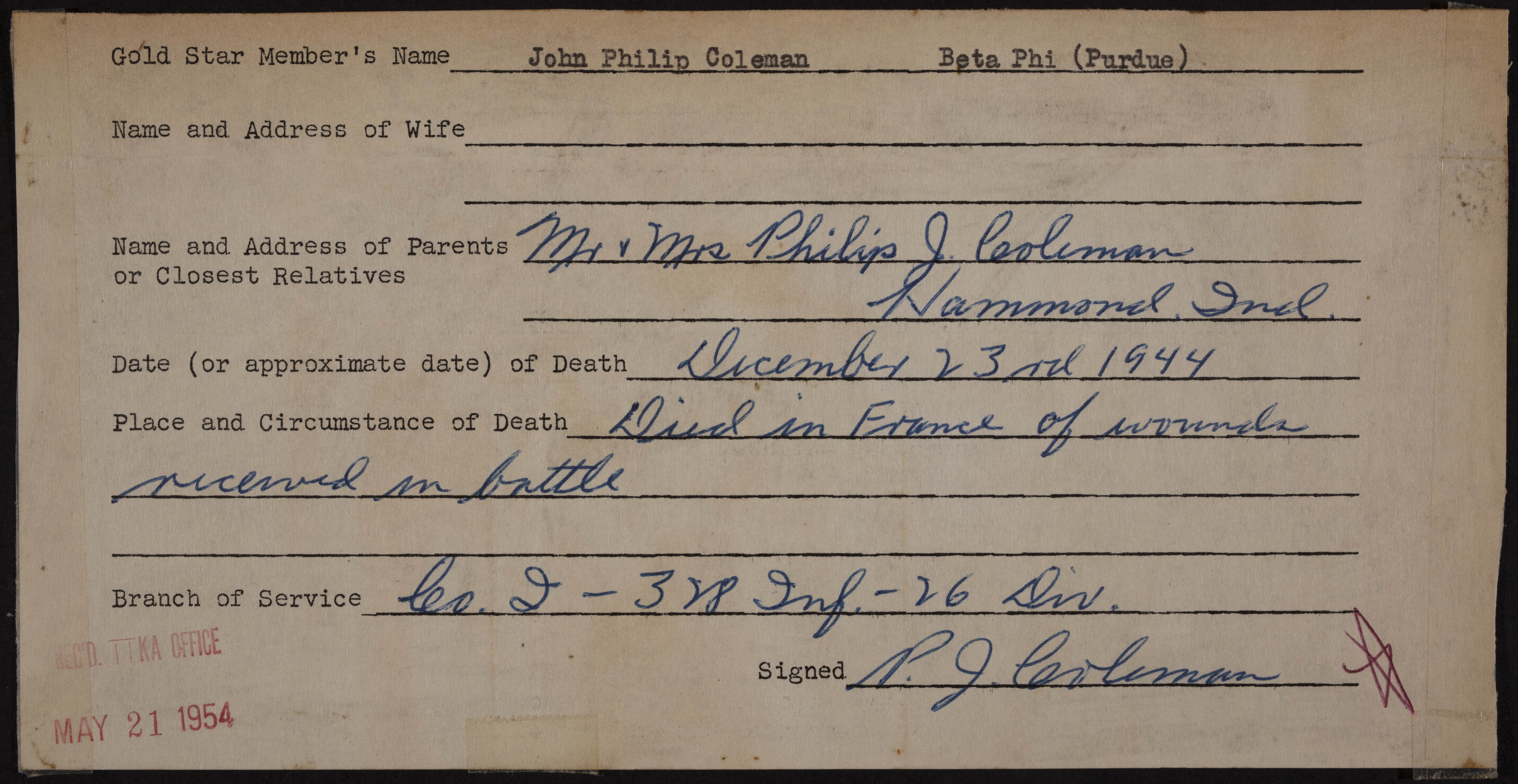 John Philip Coleman War Record Form, May 21, 1954