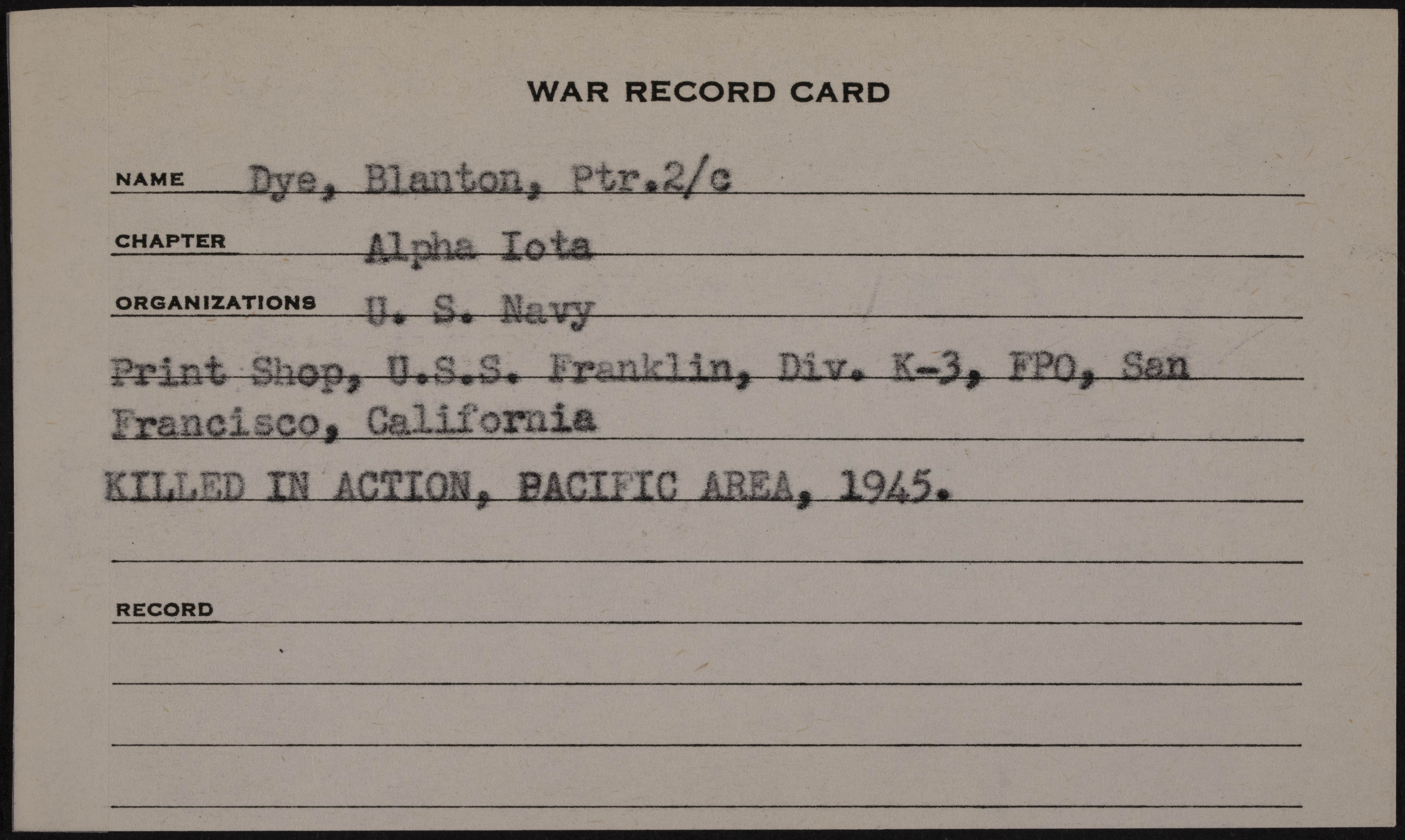 Benjamin Blanton Dye War Record Card