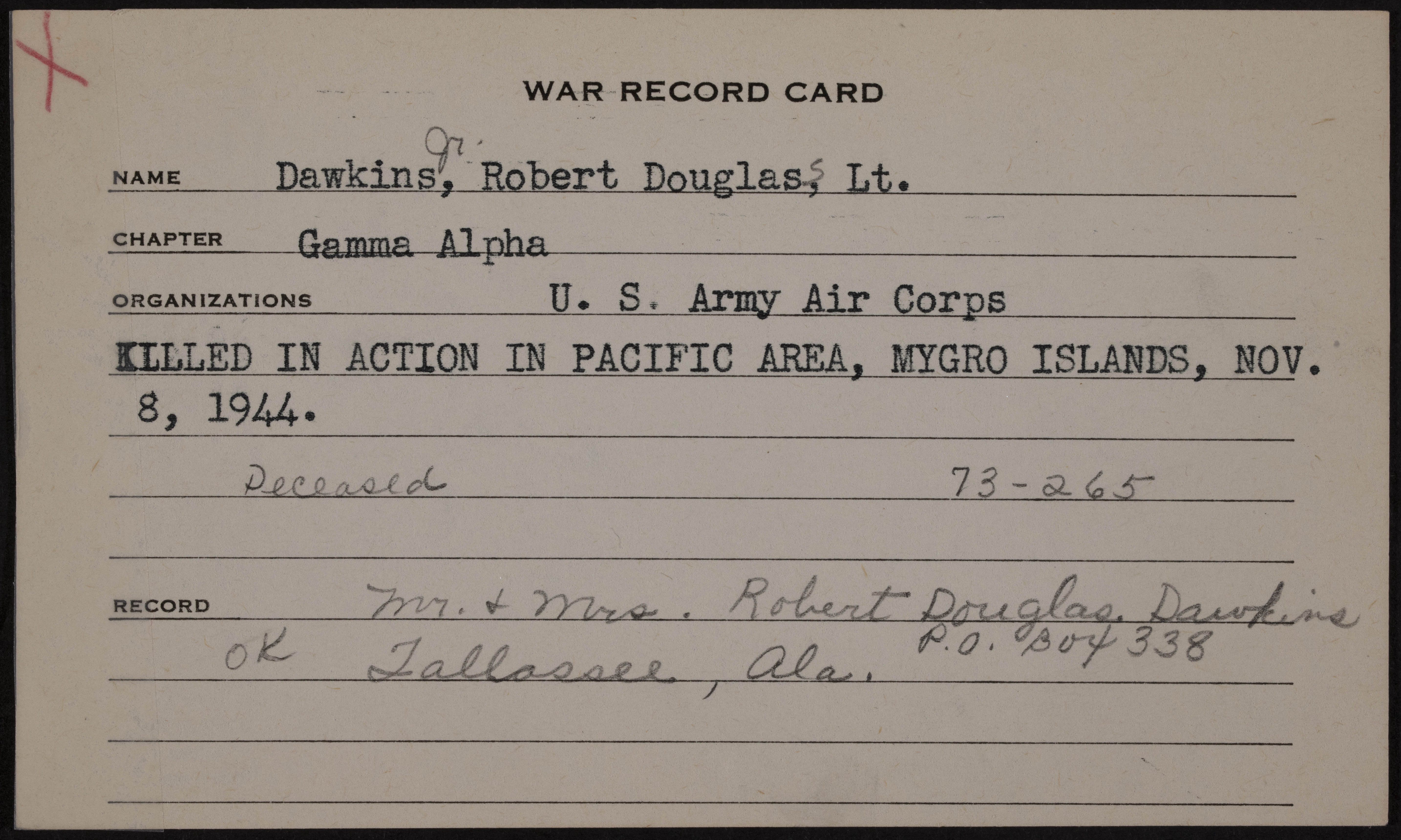 Robert Douglass Dawkins Jr. War Record Card