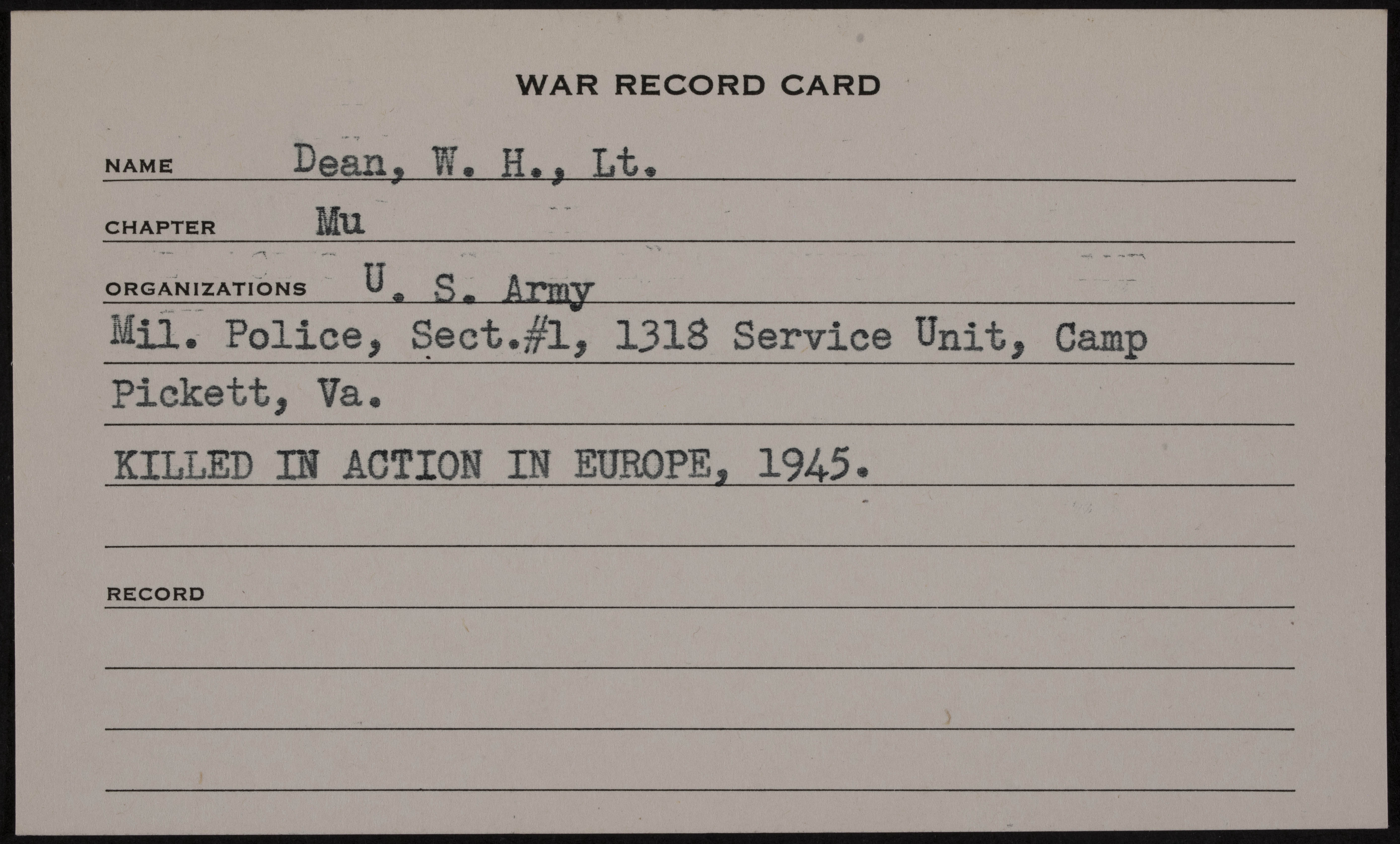 William Hester Dean War Record Card