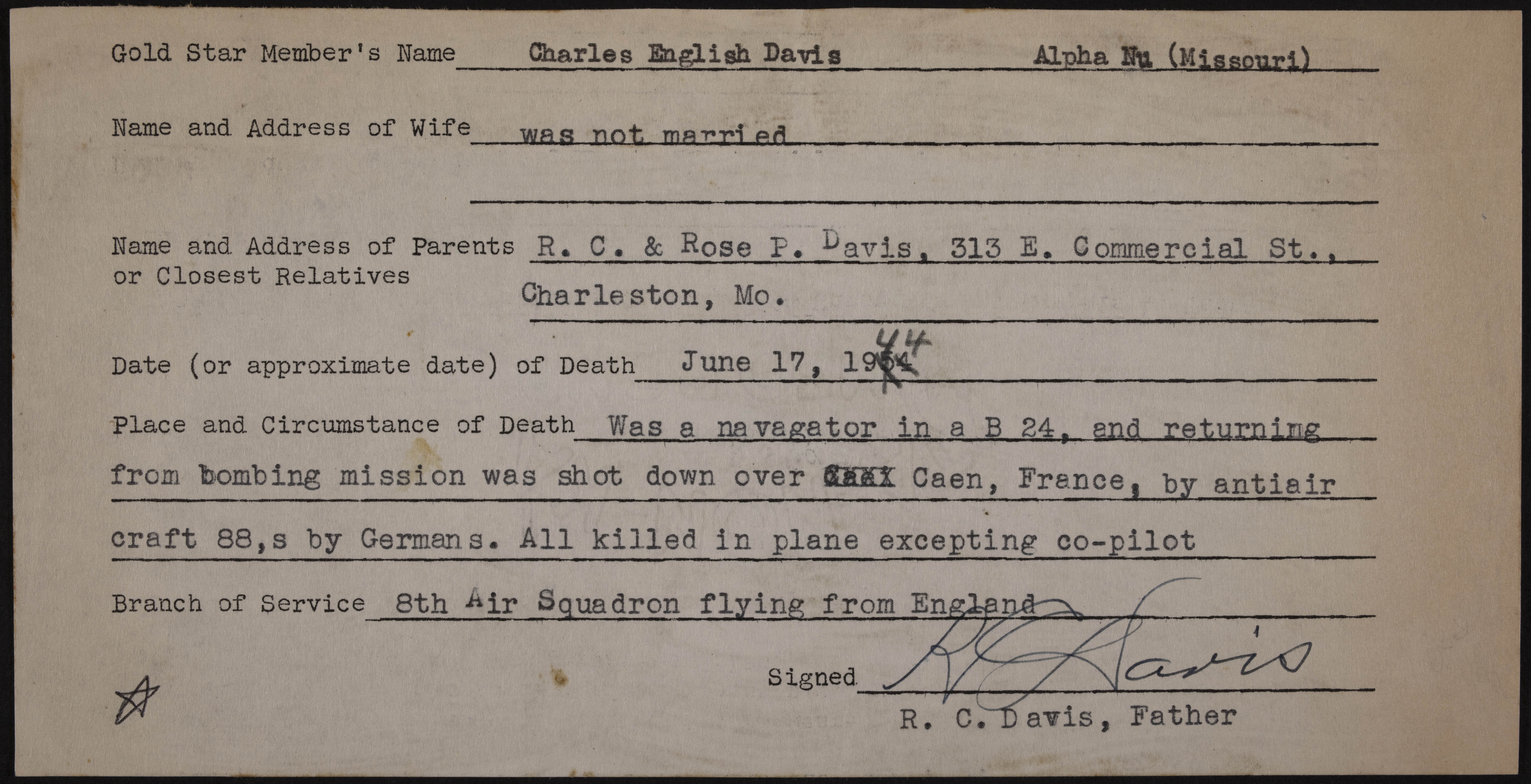 Charles English David War Record Form