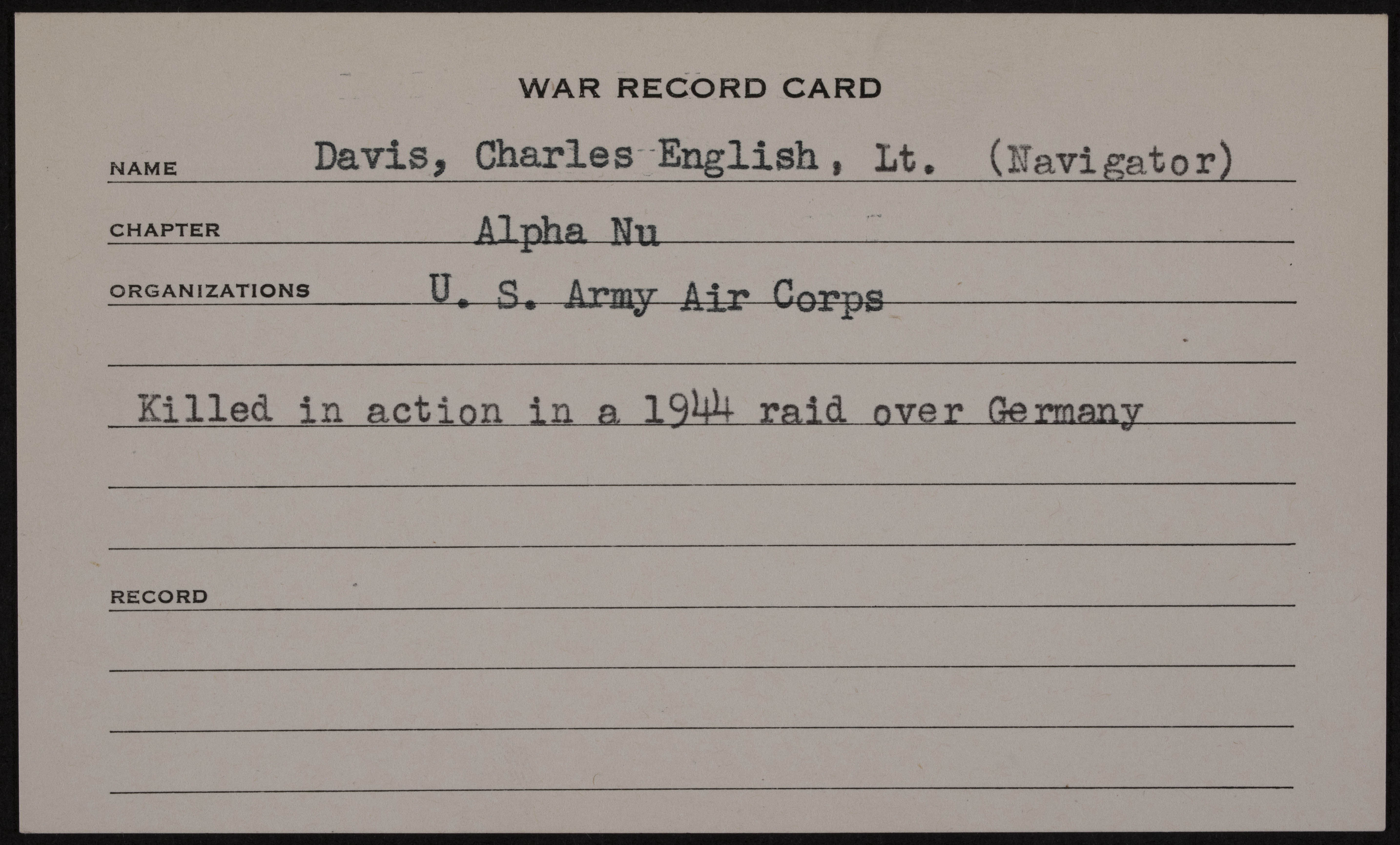 Charles English David War Record Card