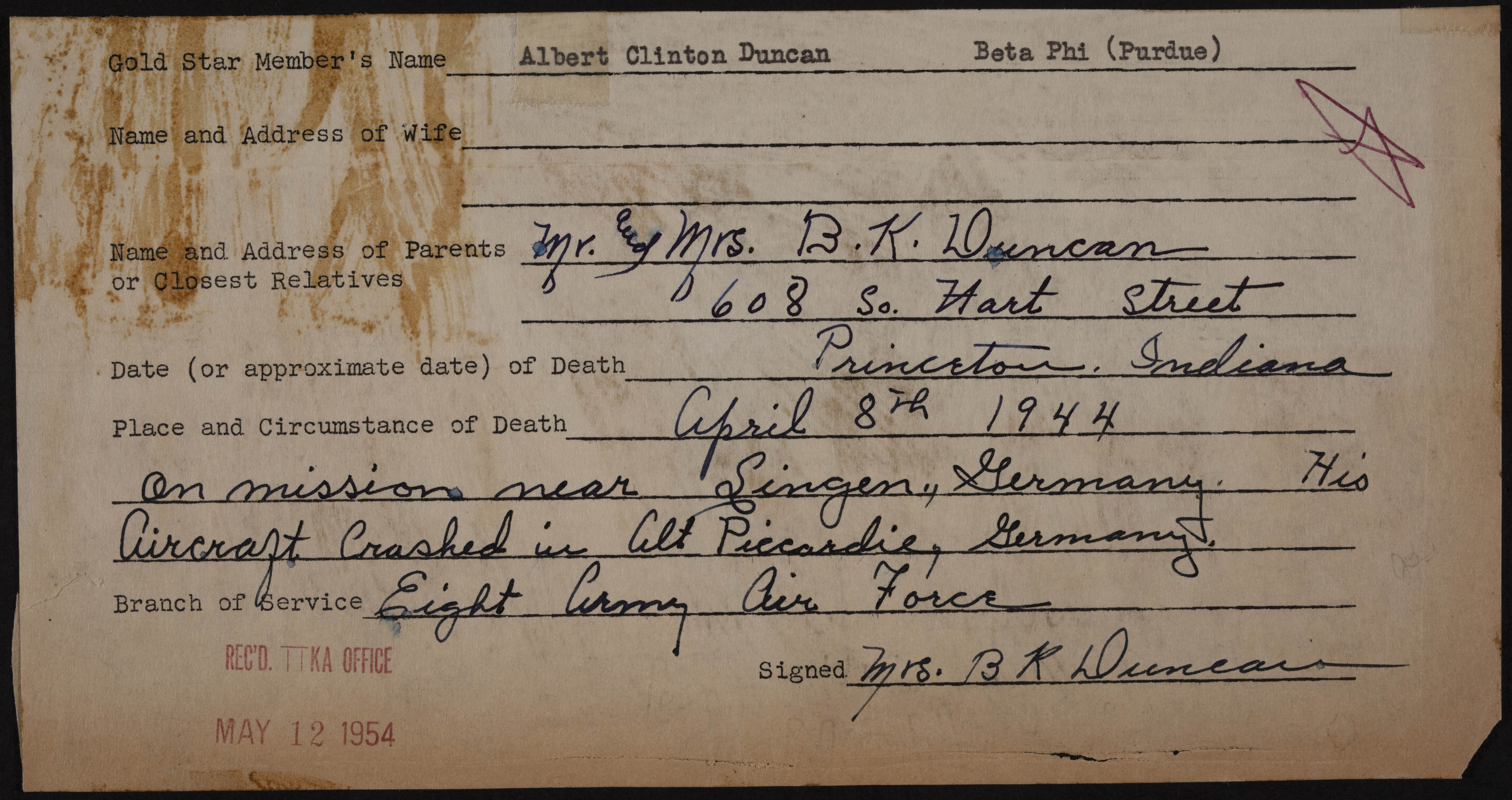 Albert Clinton Duncan War Record Form, May 12, 1954