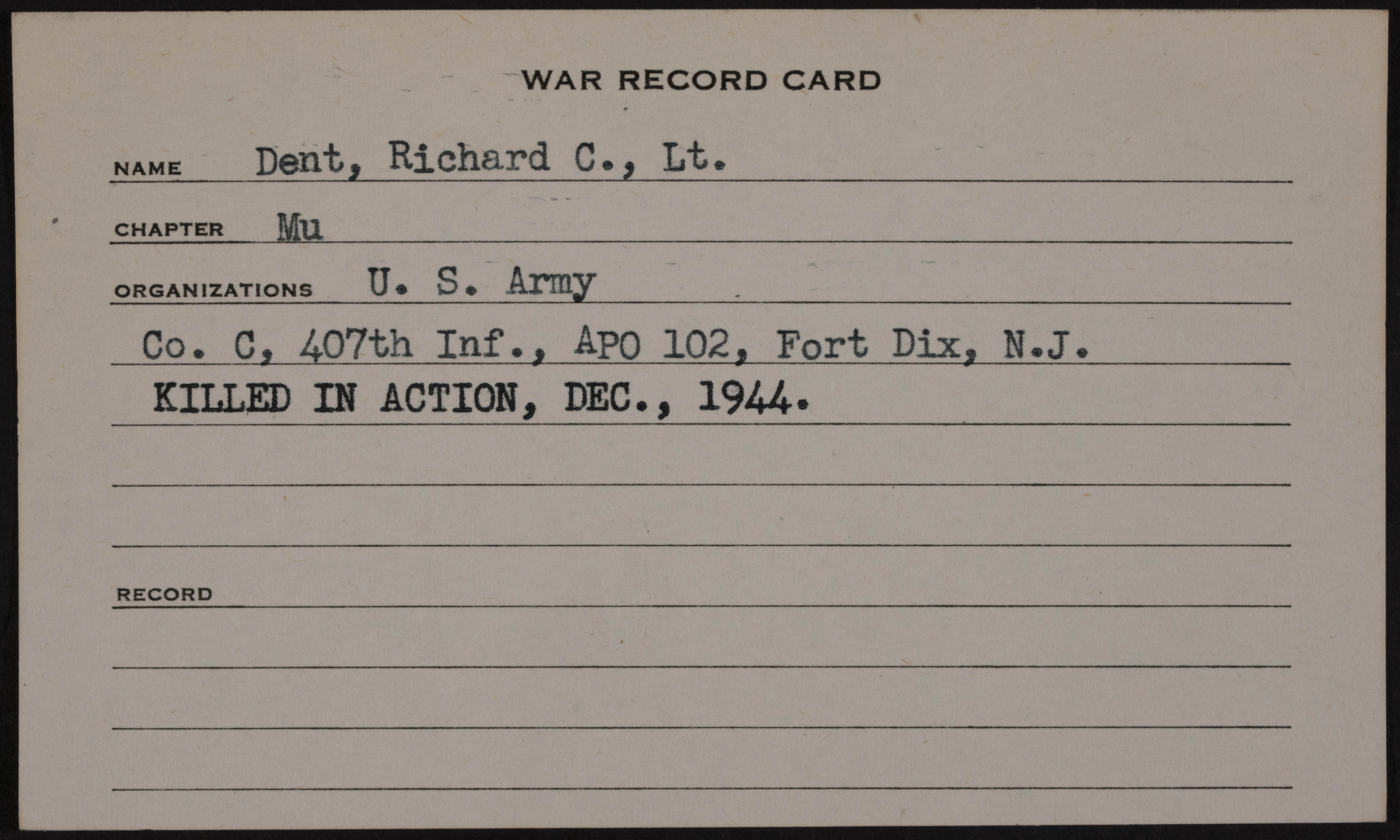 Richard Clayton Dent War Record Card