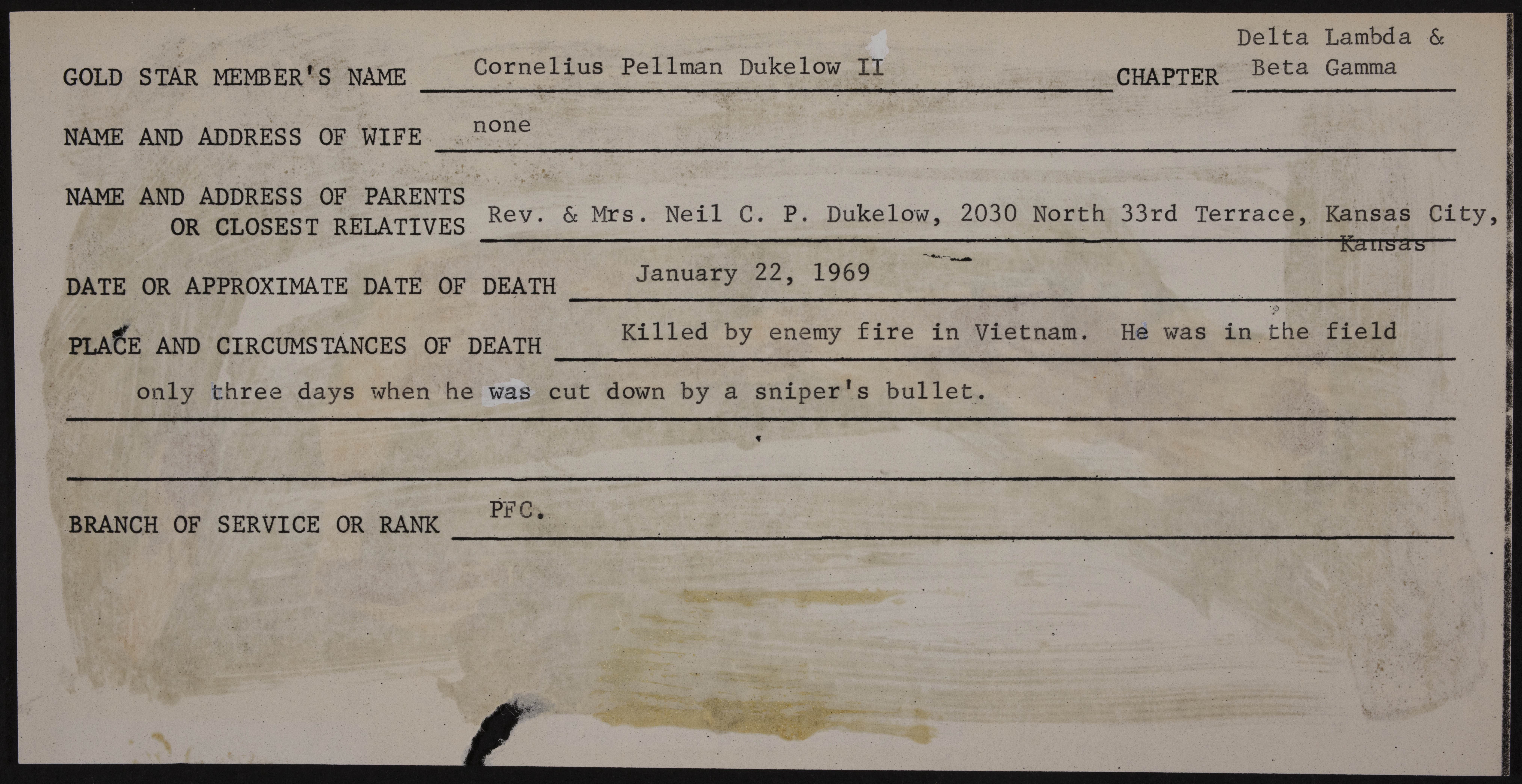 Cornelious Pellman Dukelow III War Record Form