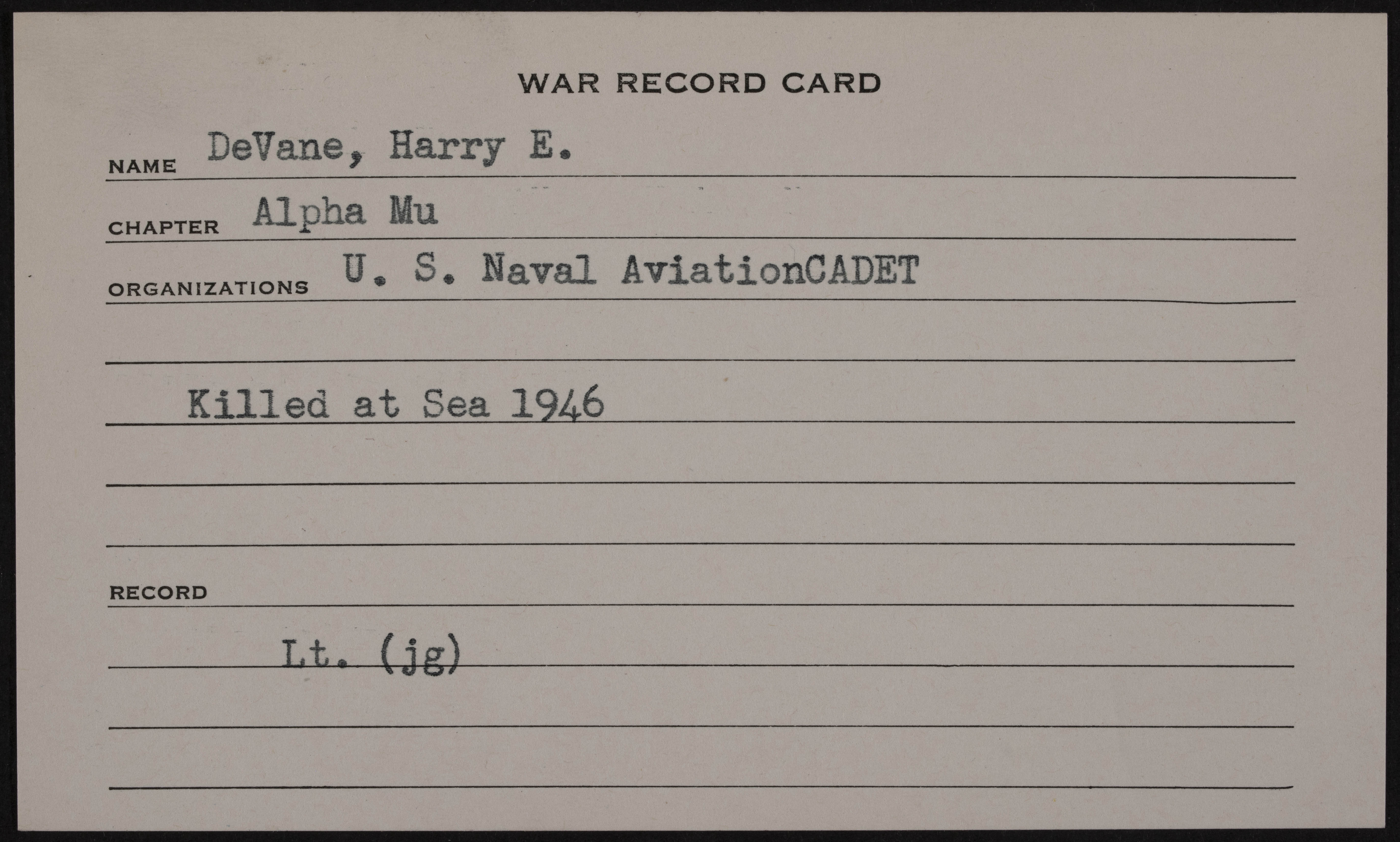 Harry Elmore DeVane War Record Card