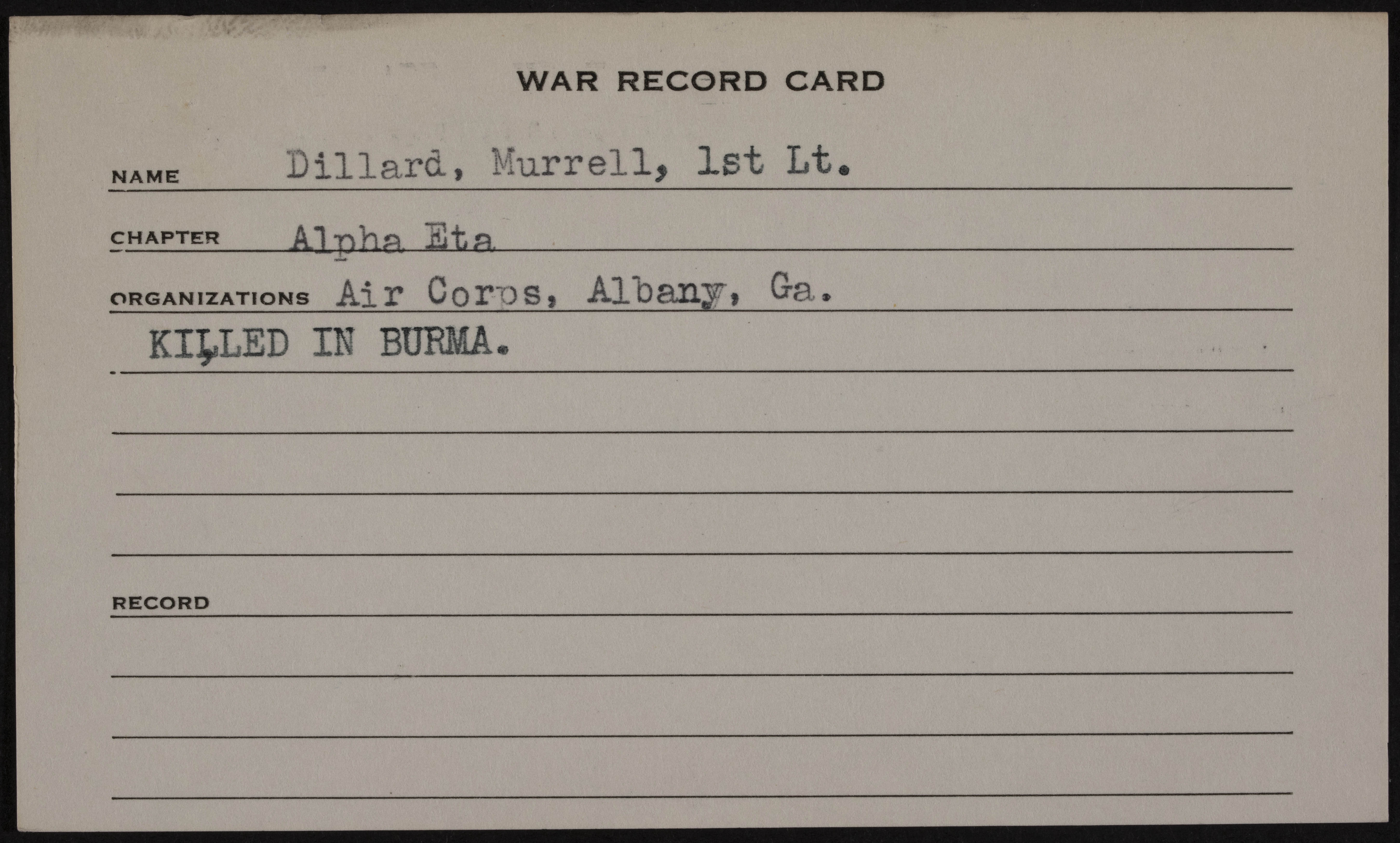 Murrell Jackson Dillard War Record Card