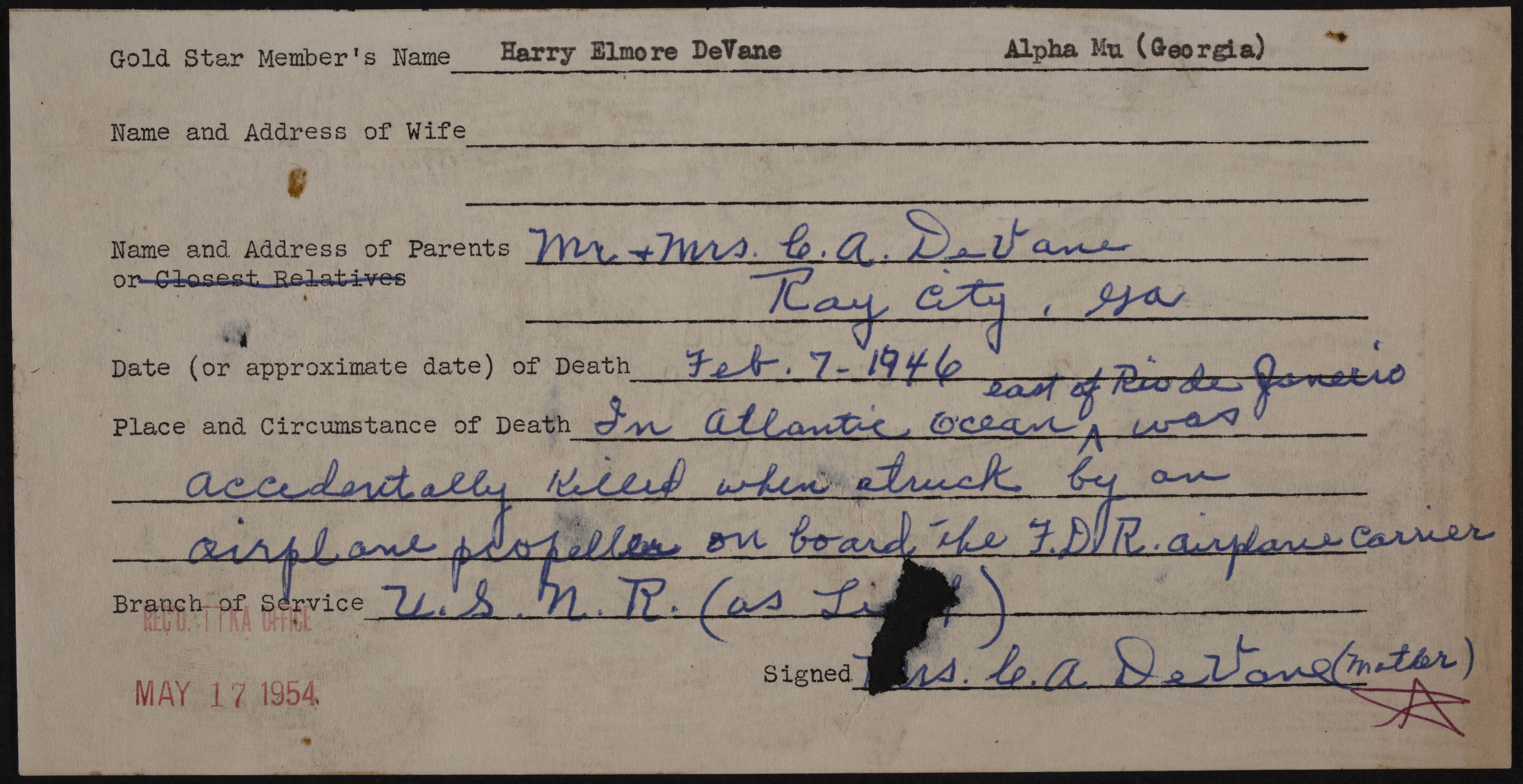 Harry Elmore DeVane War Record Form, May 17, 1954