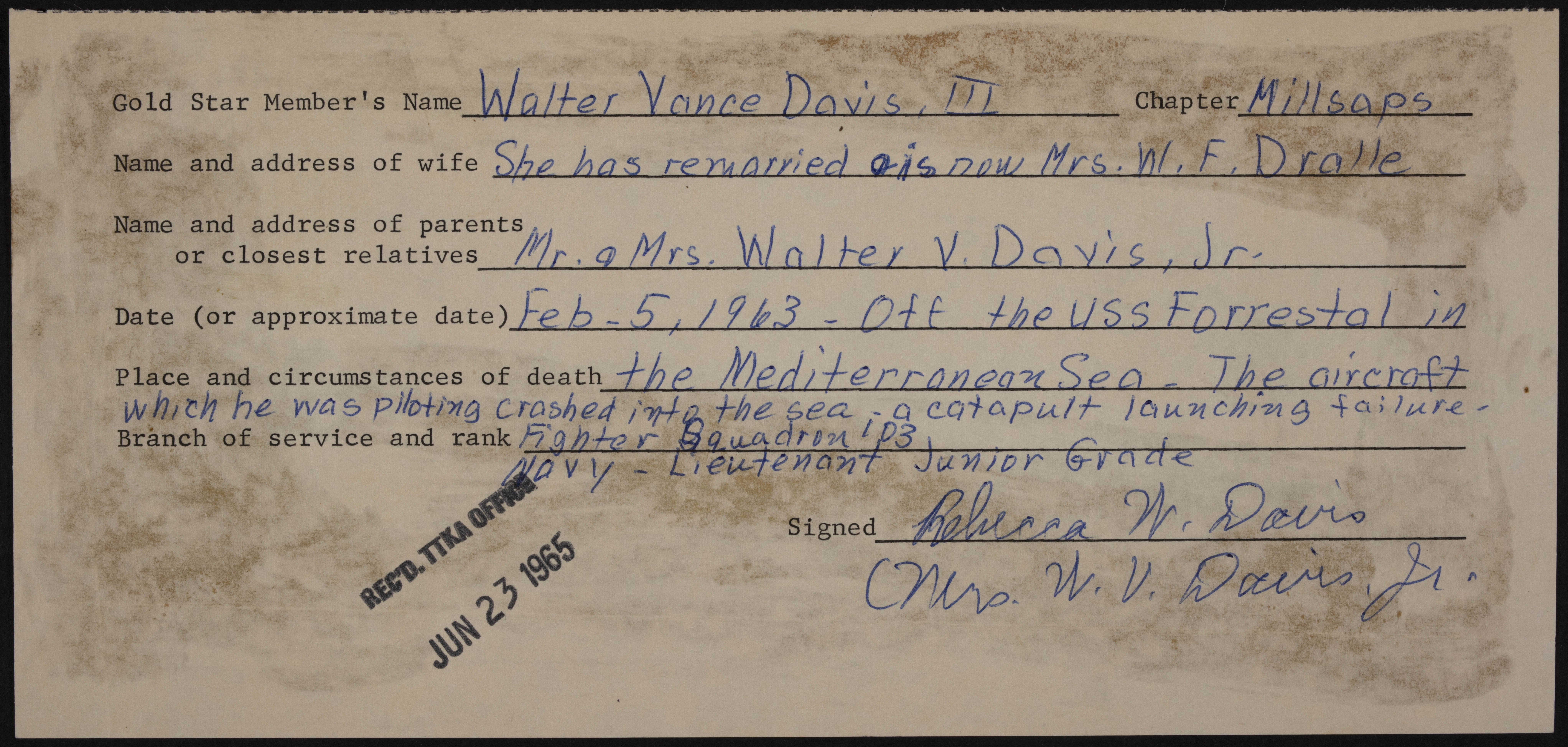 Walter Vance Davis III War Record Form, June 23, 1965