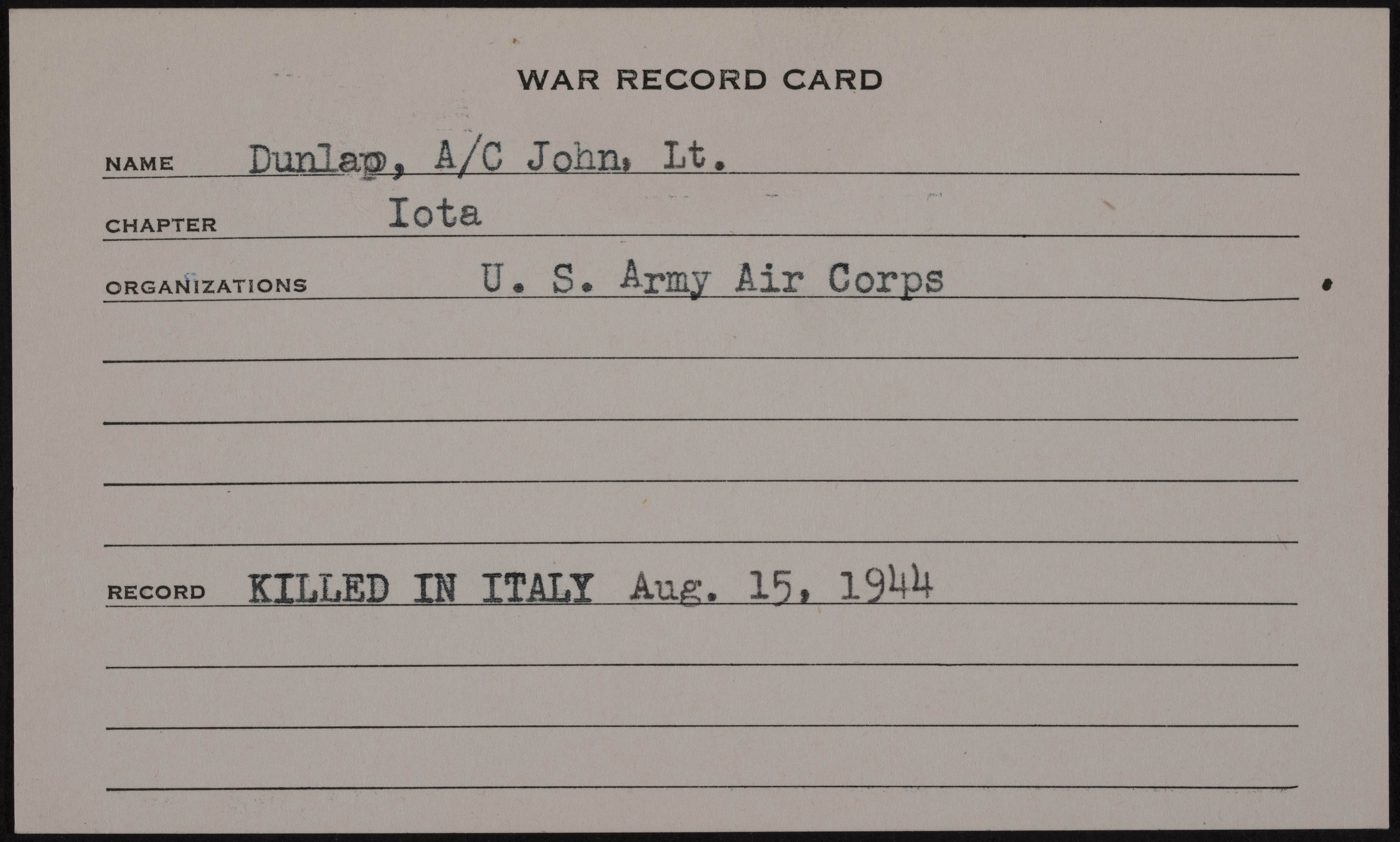 John Dunlap War Record Card