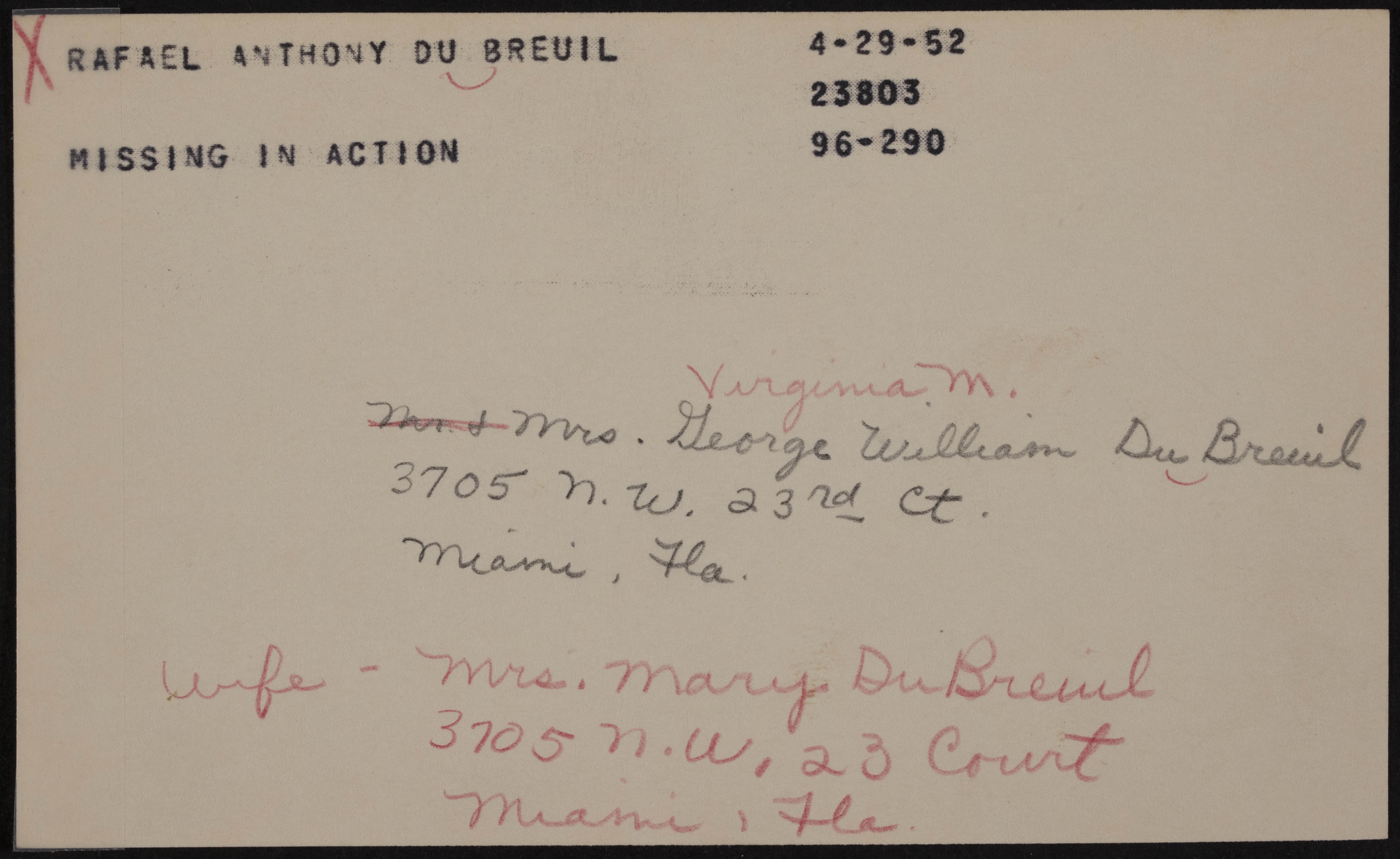 Rafael Anthony DuBreuil War Record Card