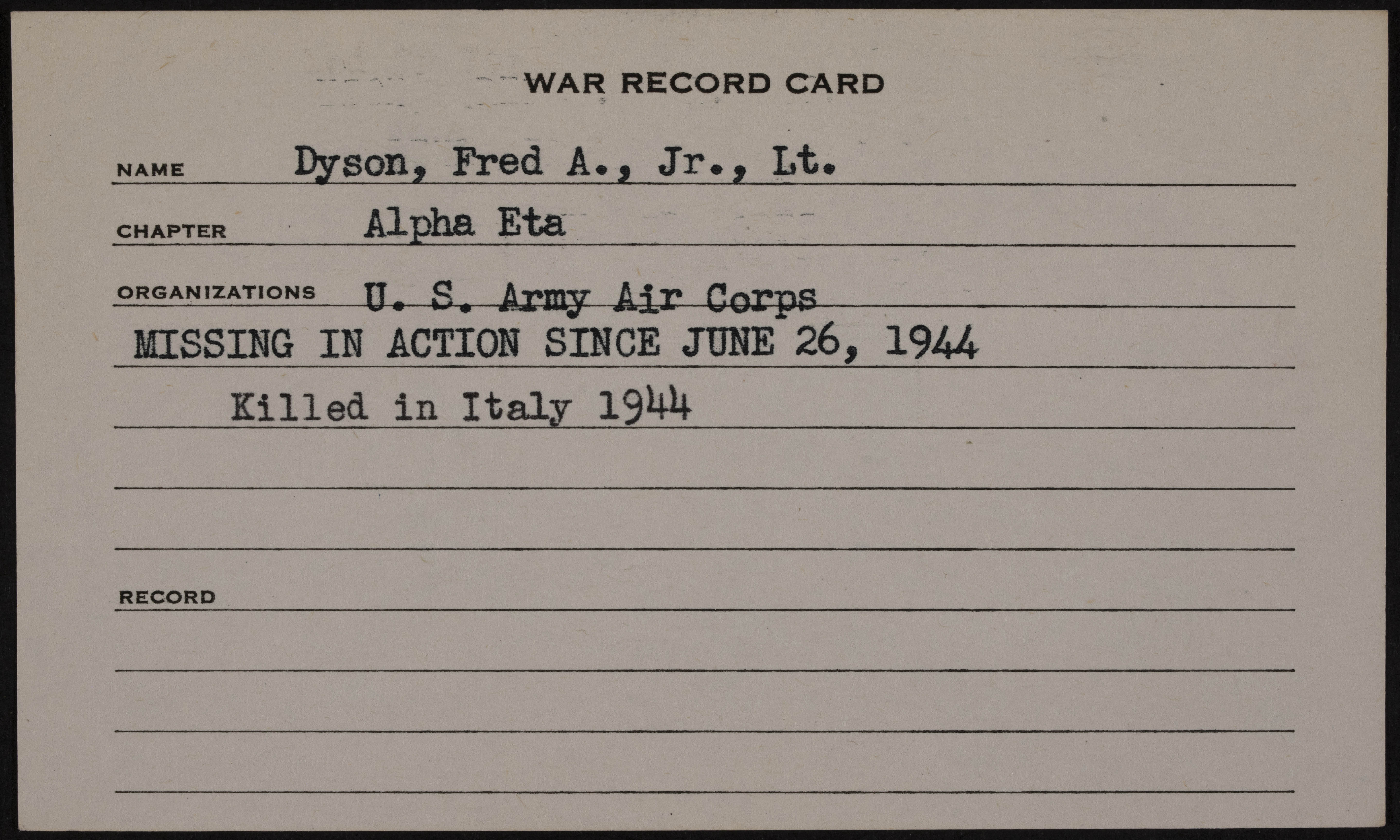 Frederick Augustus Dyson Jr. War Record Card