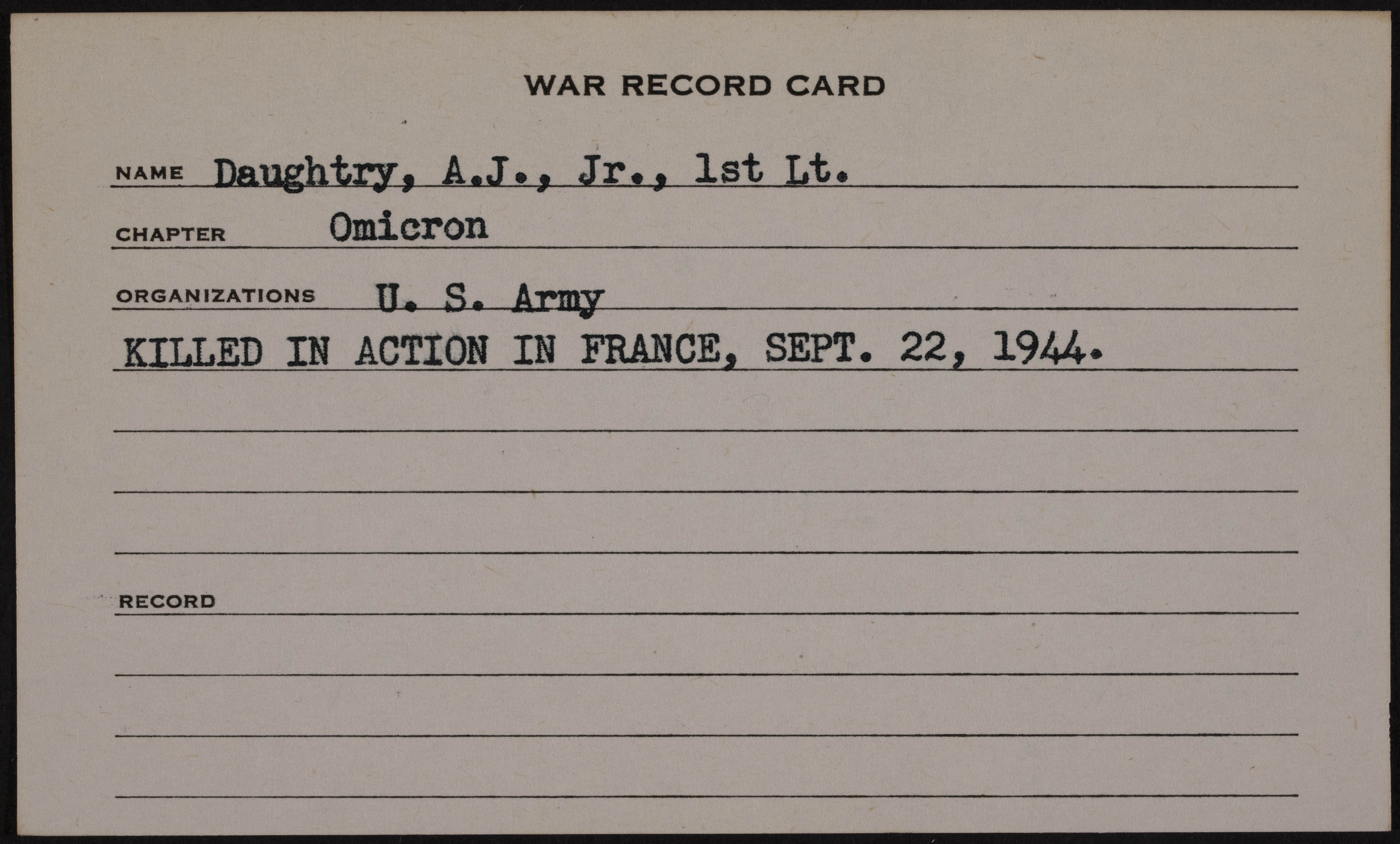 Ashburn J. Daughtry Jr. War Record Card