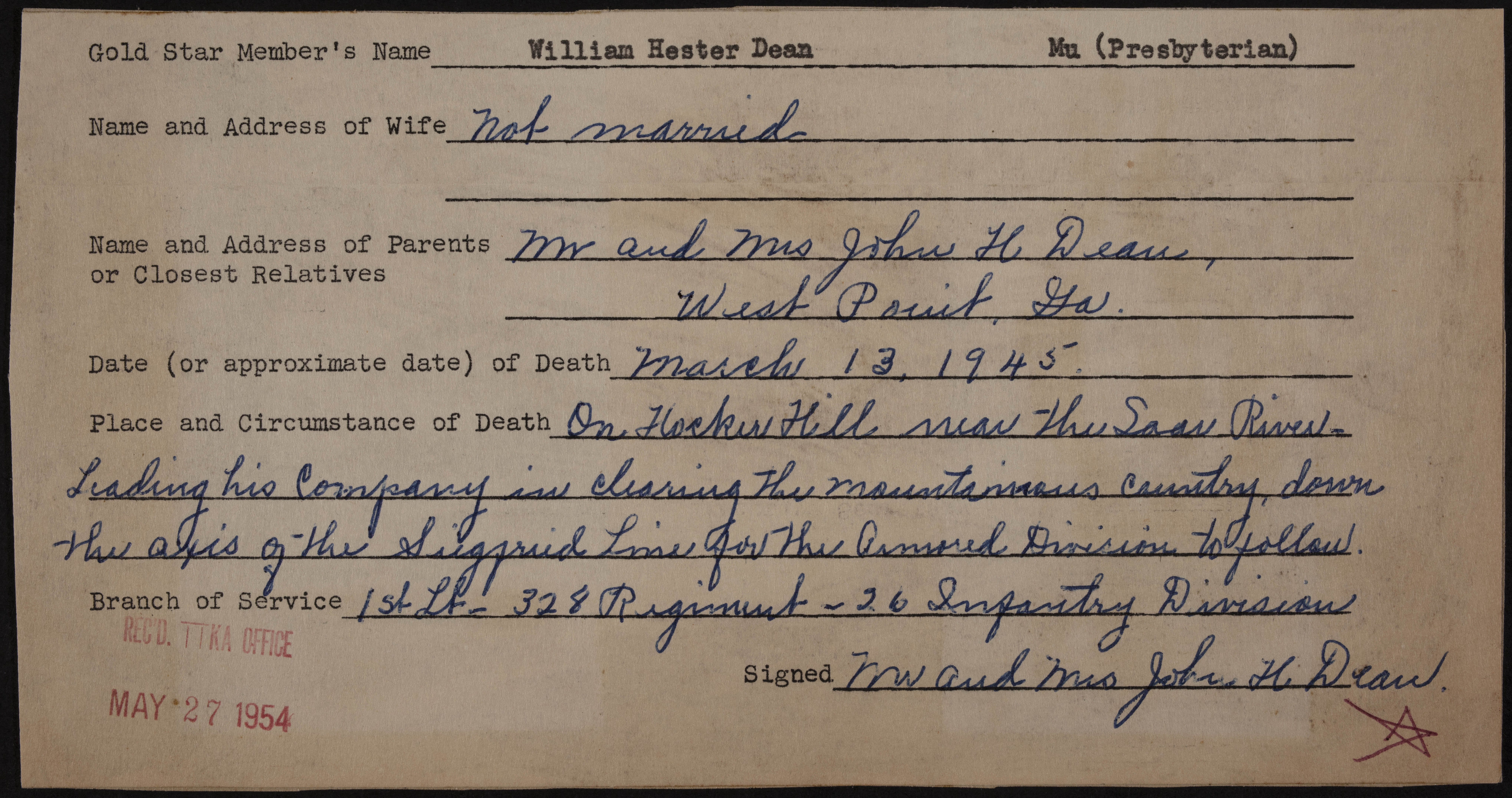 William Hester Dean War Record Form, May 27, 1954