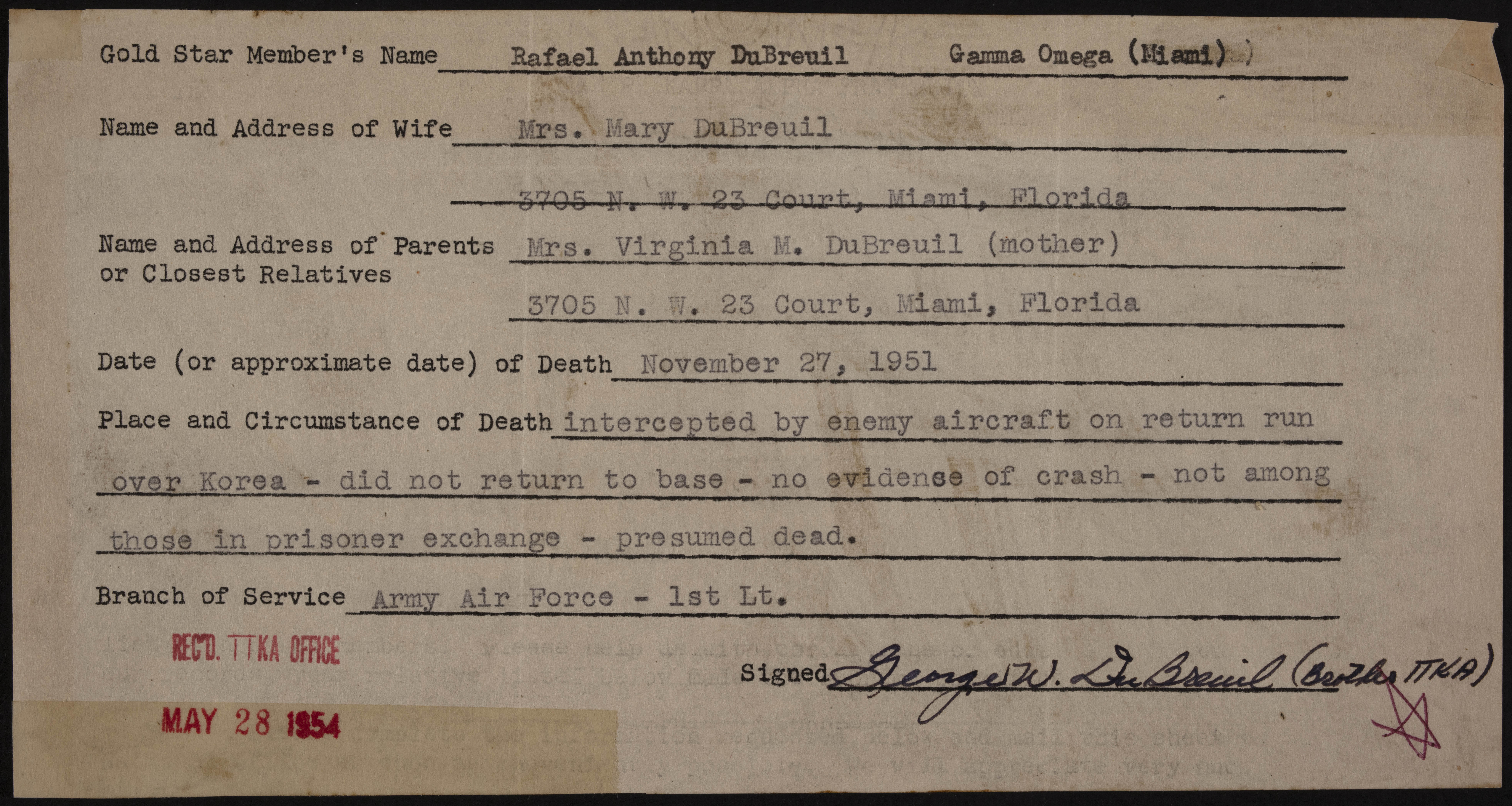 Rafael Anthony DuBreuil War Record Form