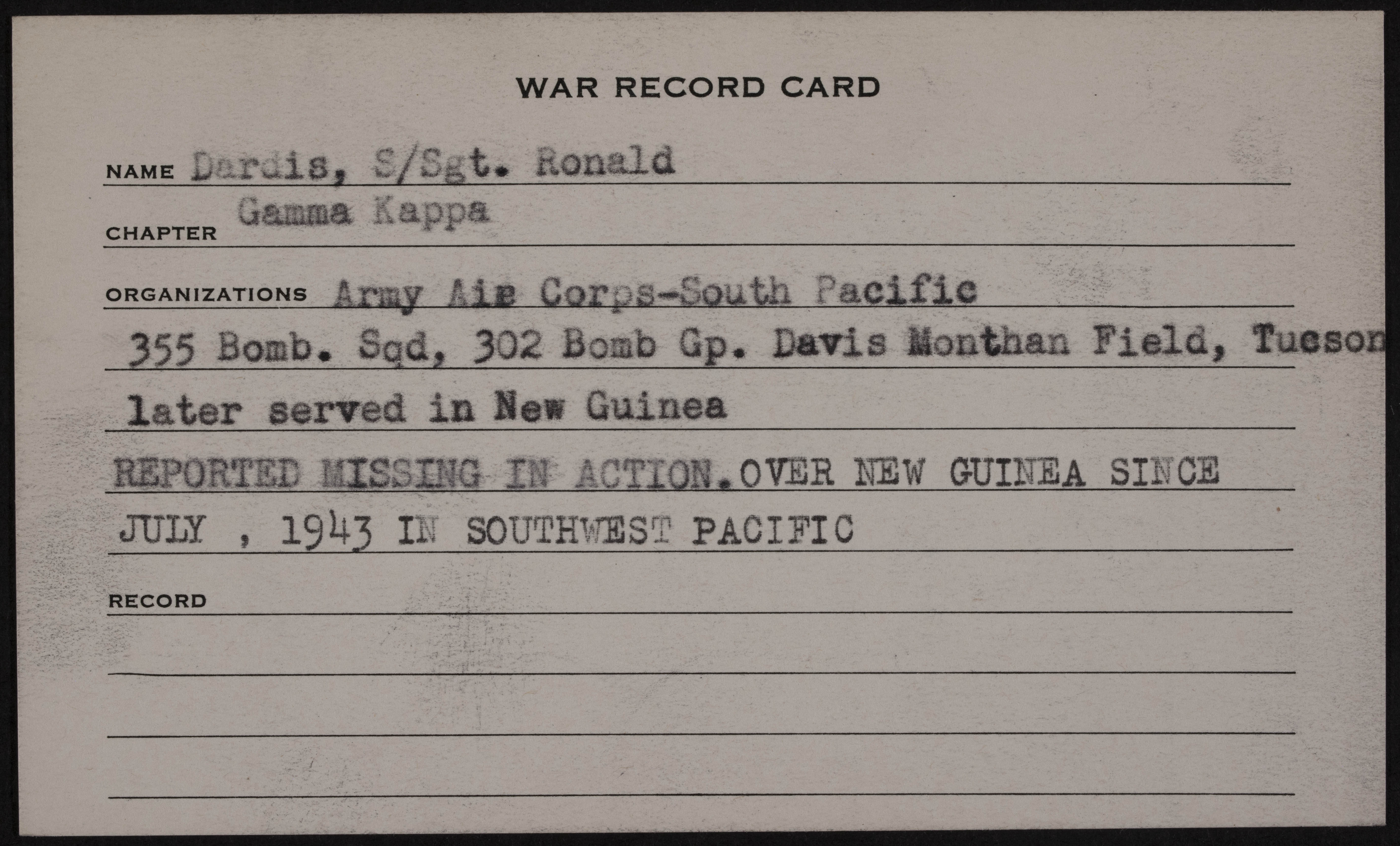 Ronald A. Dardis War Record Card