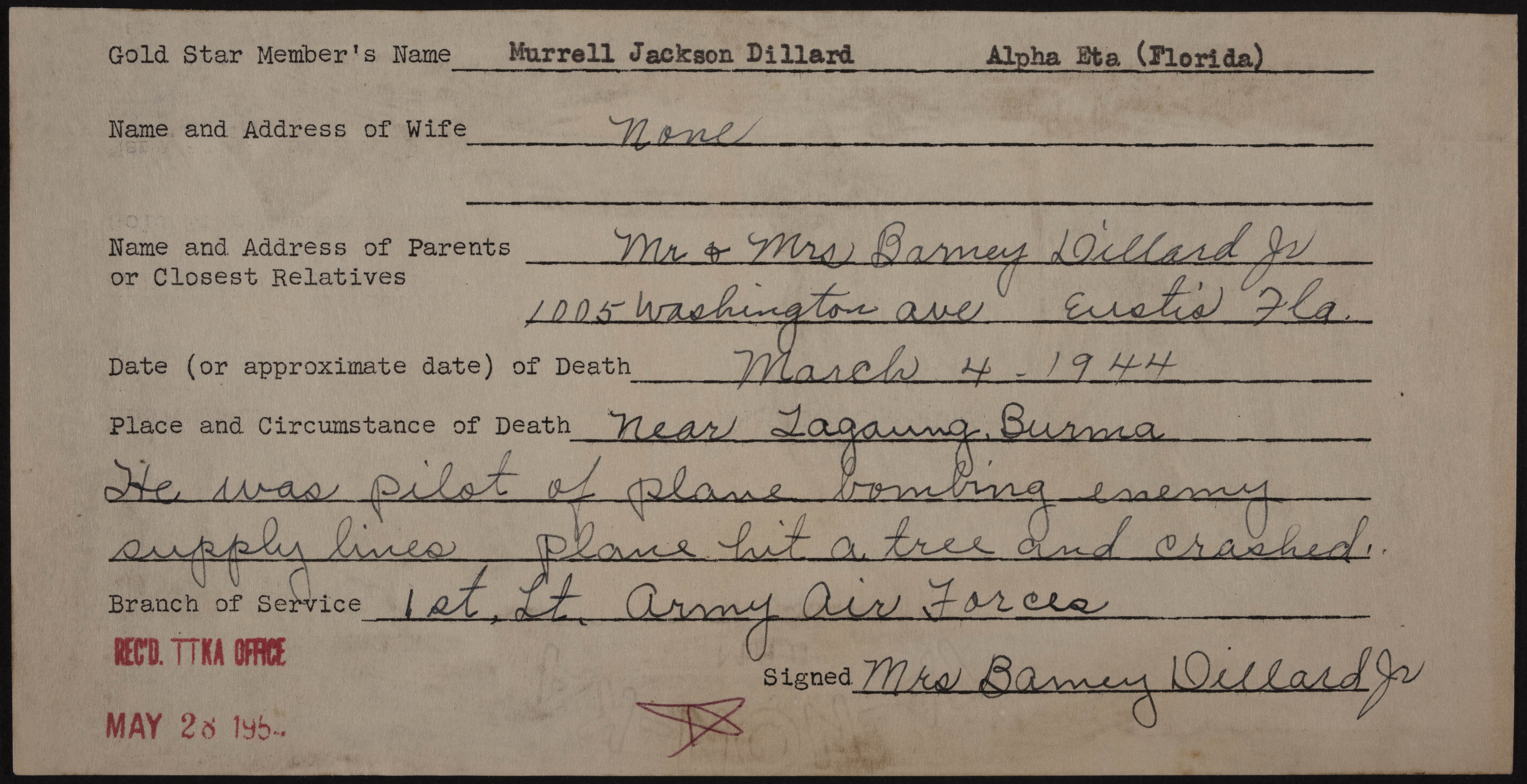 Murrell Jackson Dillard War Record Form, May 28, 1954