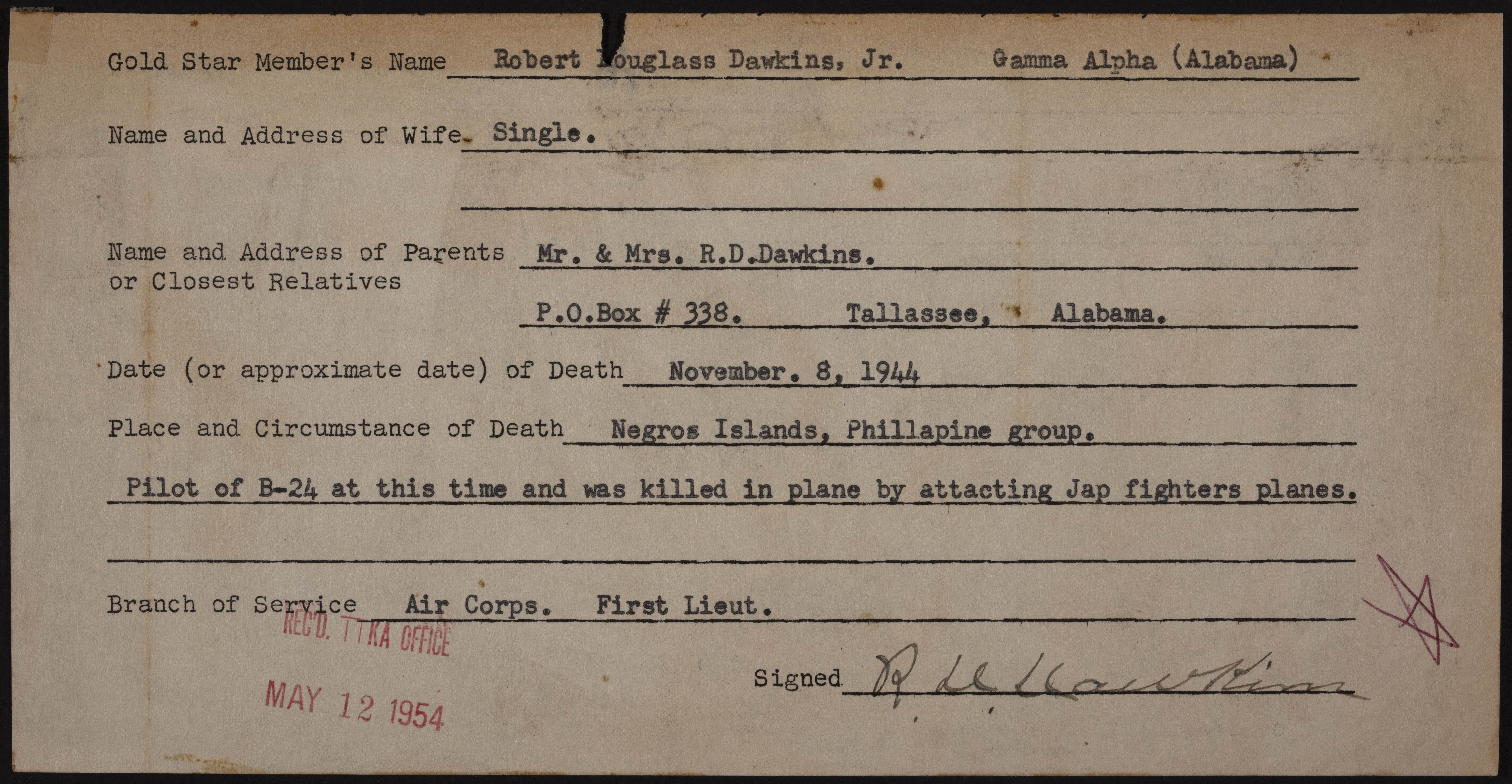 Robert Douglass Dawkins Jr. War Record Form, May 12, 1954