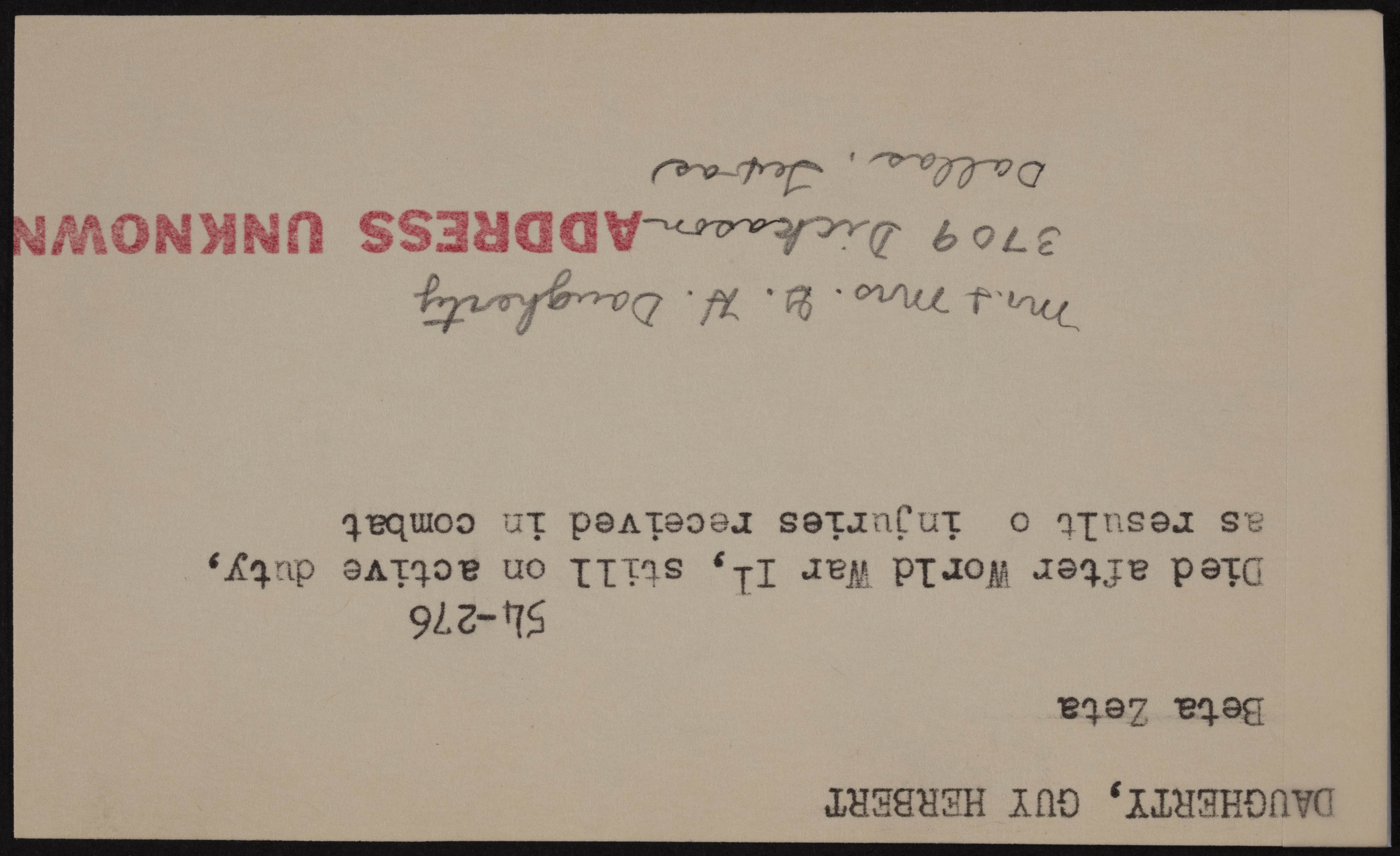 Guy Herbert Daugherty War Record Card