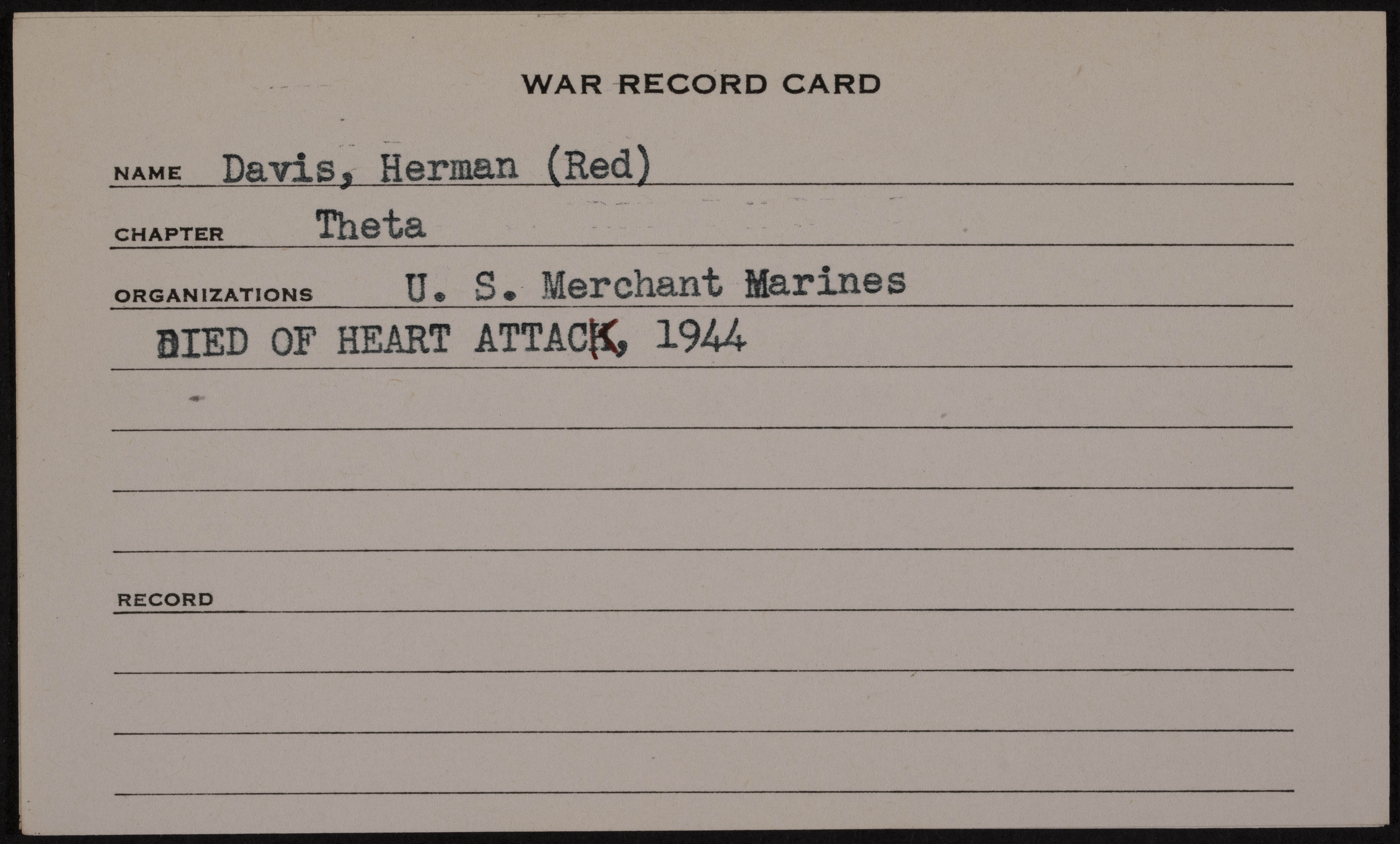 Herman Mortimer Davis War Record Card