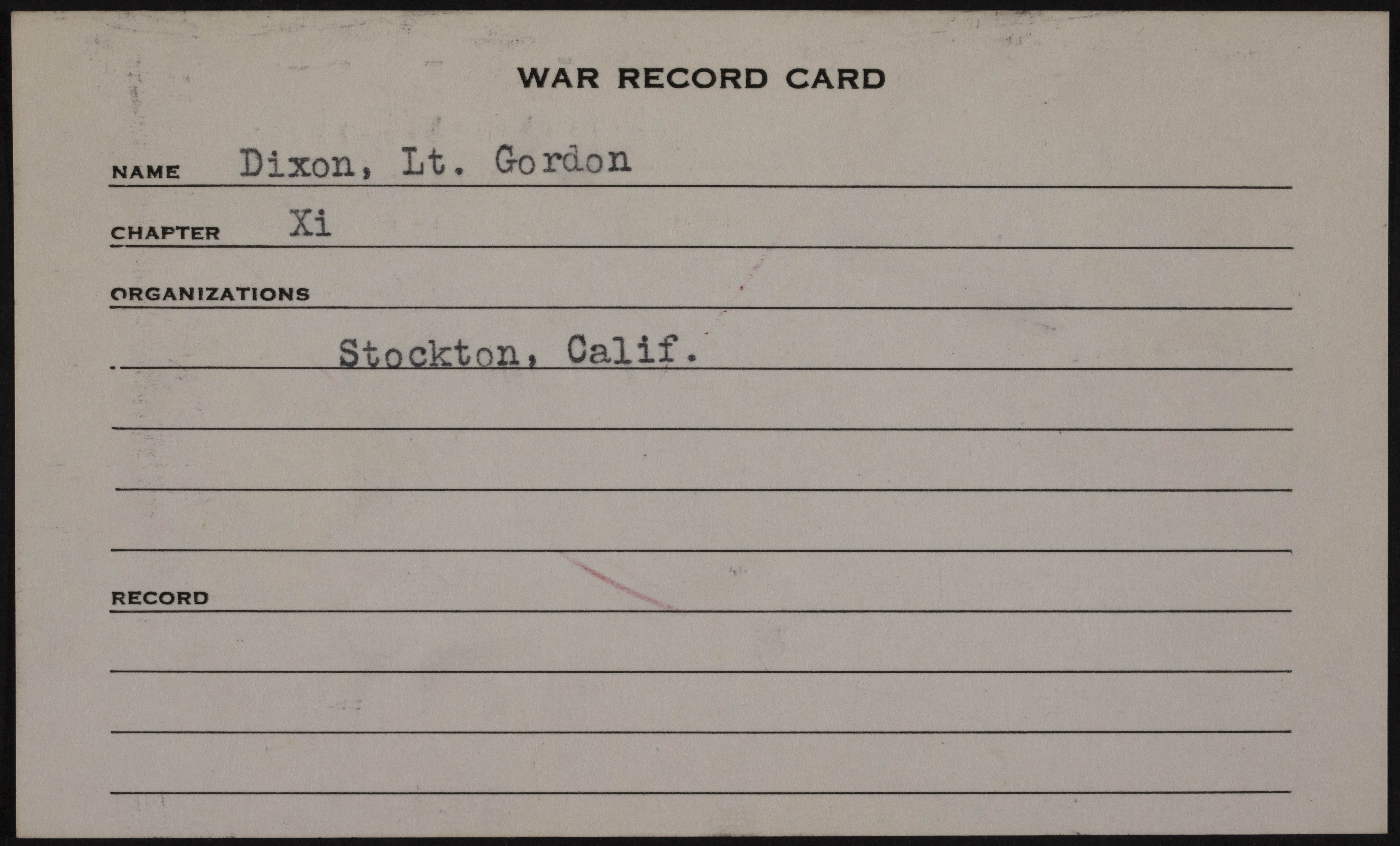 William Gordon Dixon War Record Card