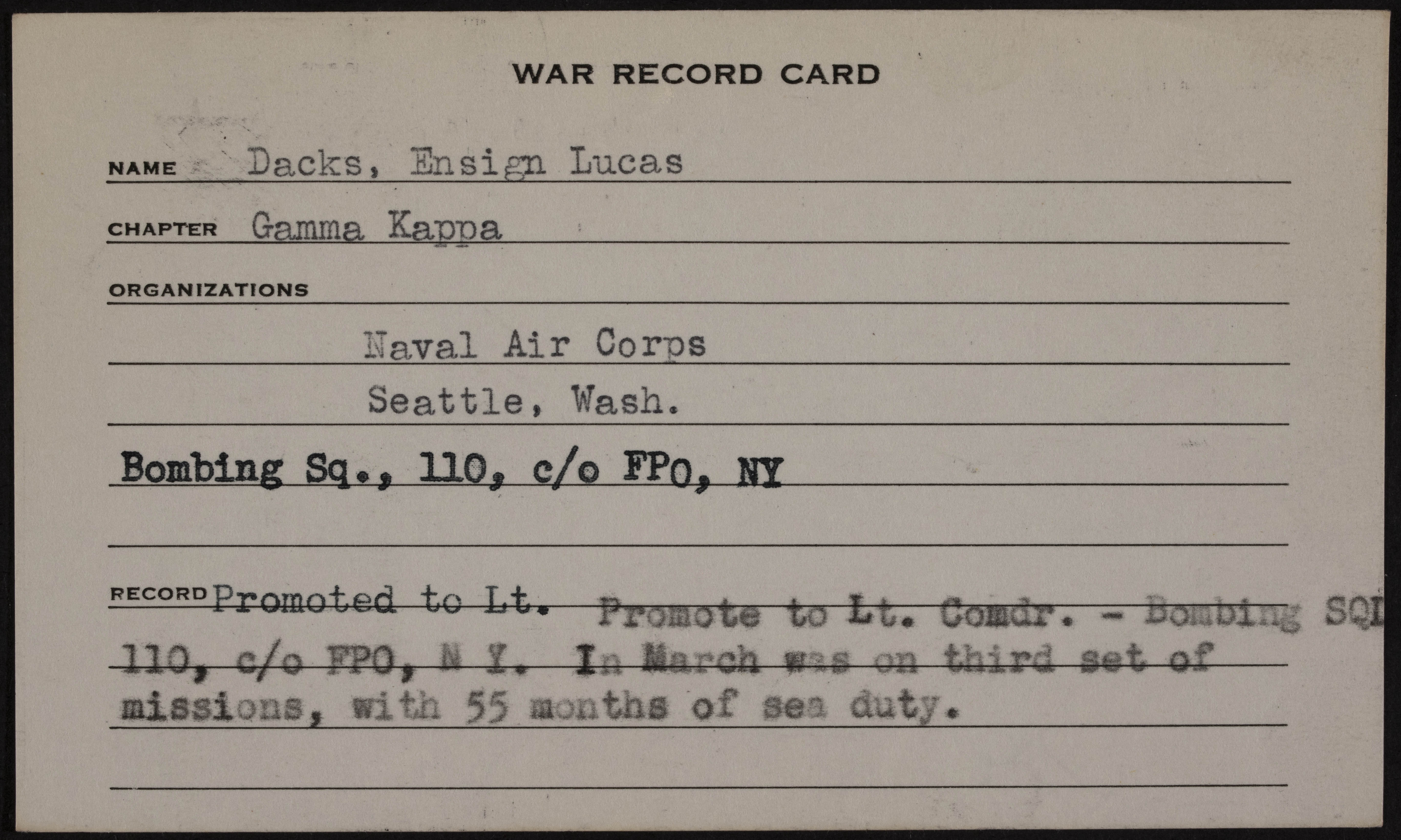 Lukas V. Dacks War Record Card