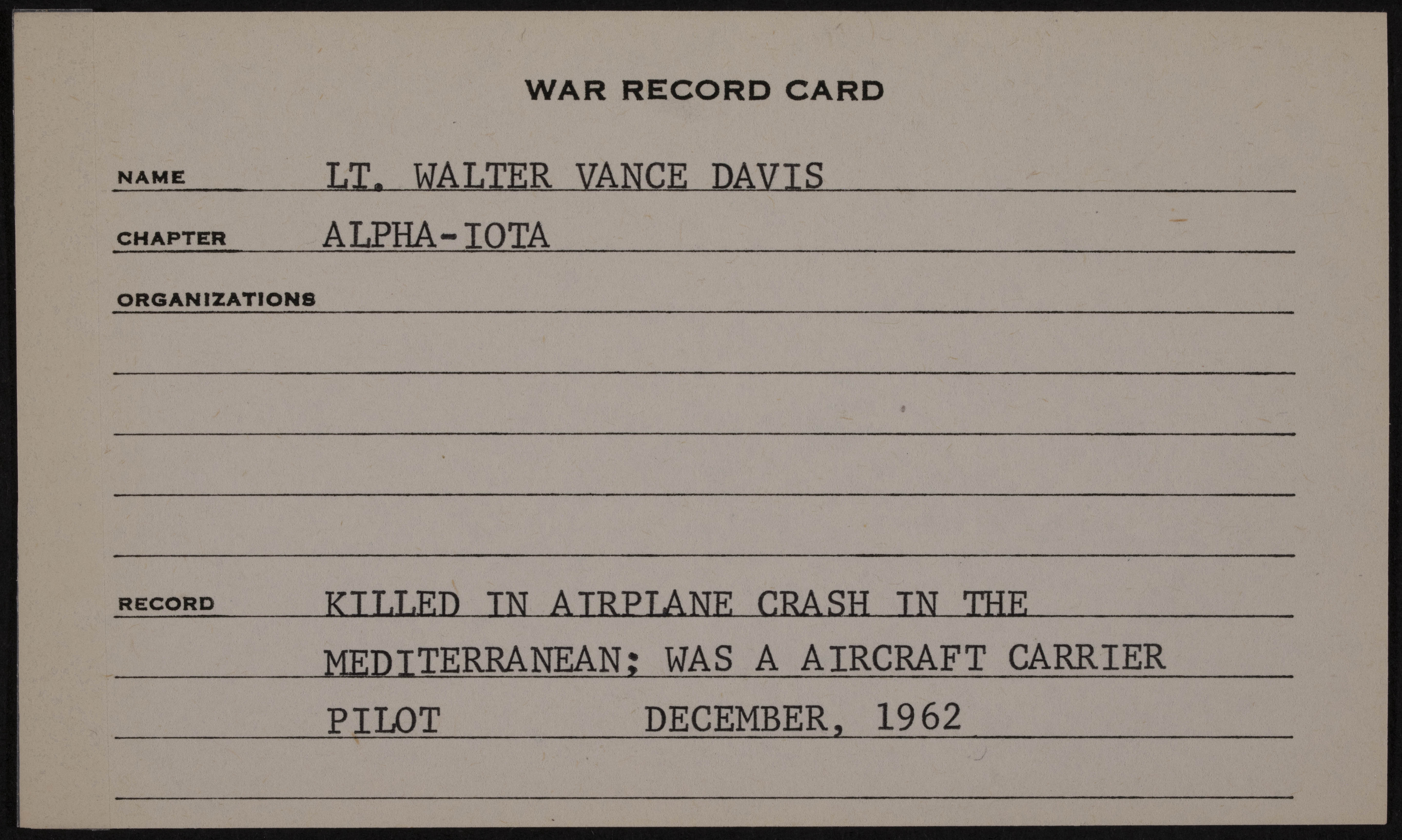 Walter Vance Davis III War Record Card