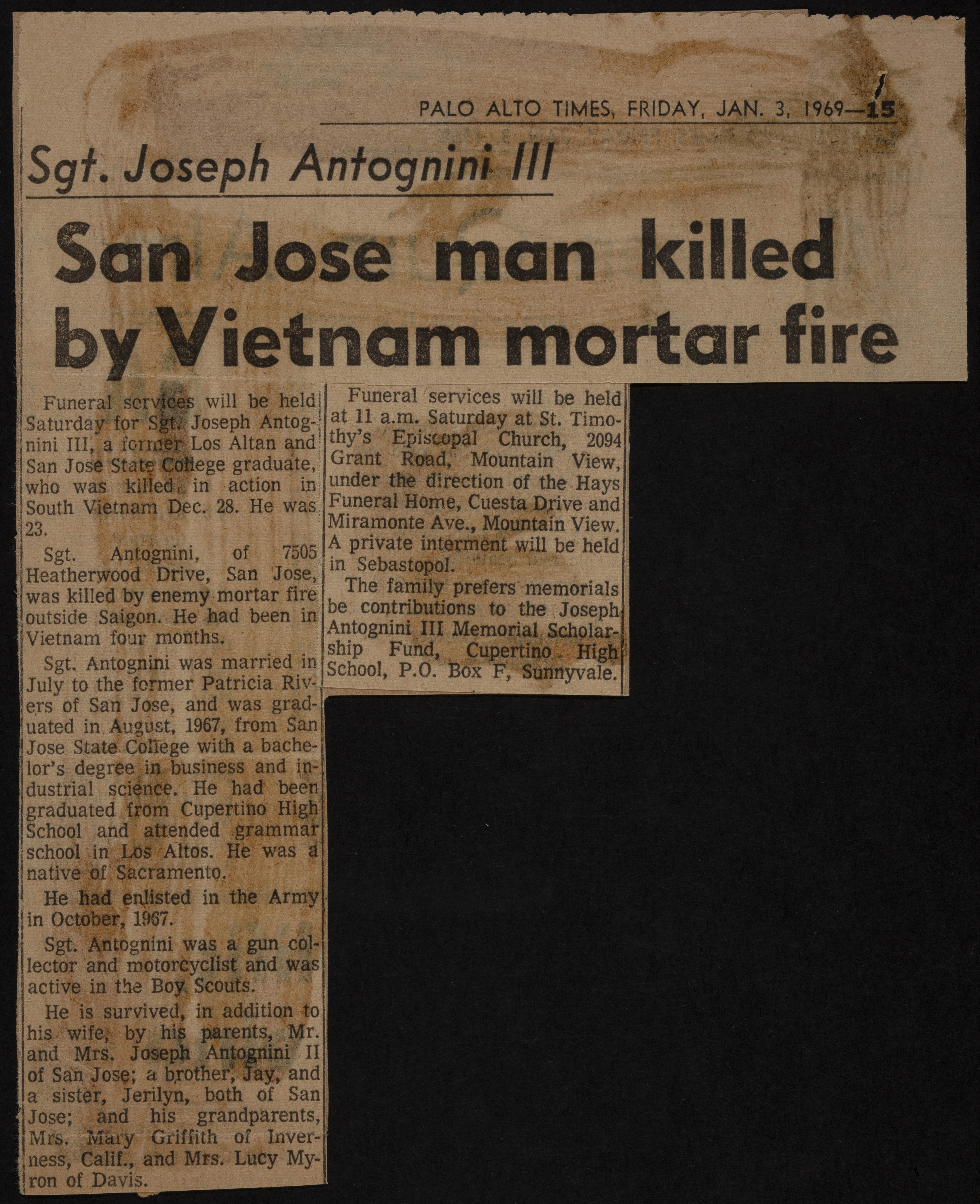 San Jose Man Killed by Vietnam Mortar Fire Newspaper Clipping, January 3, 1969