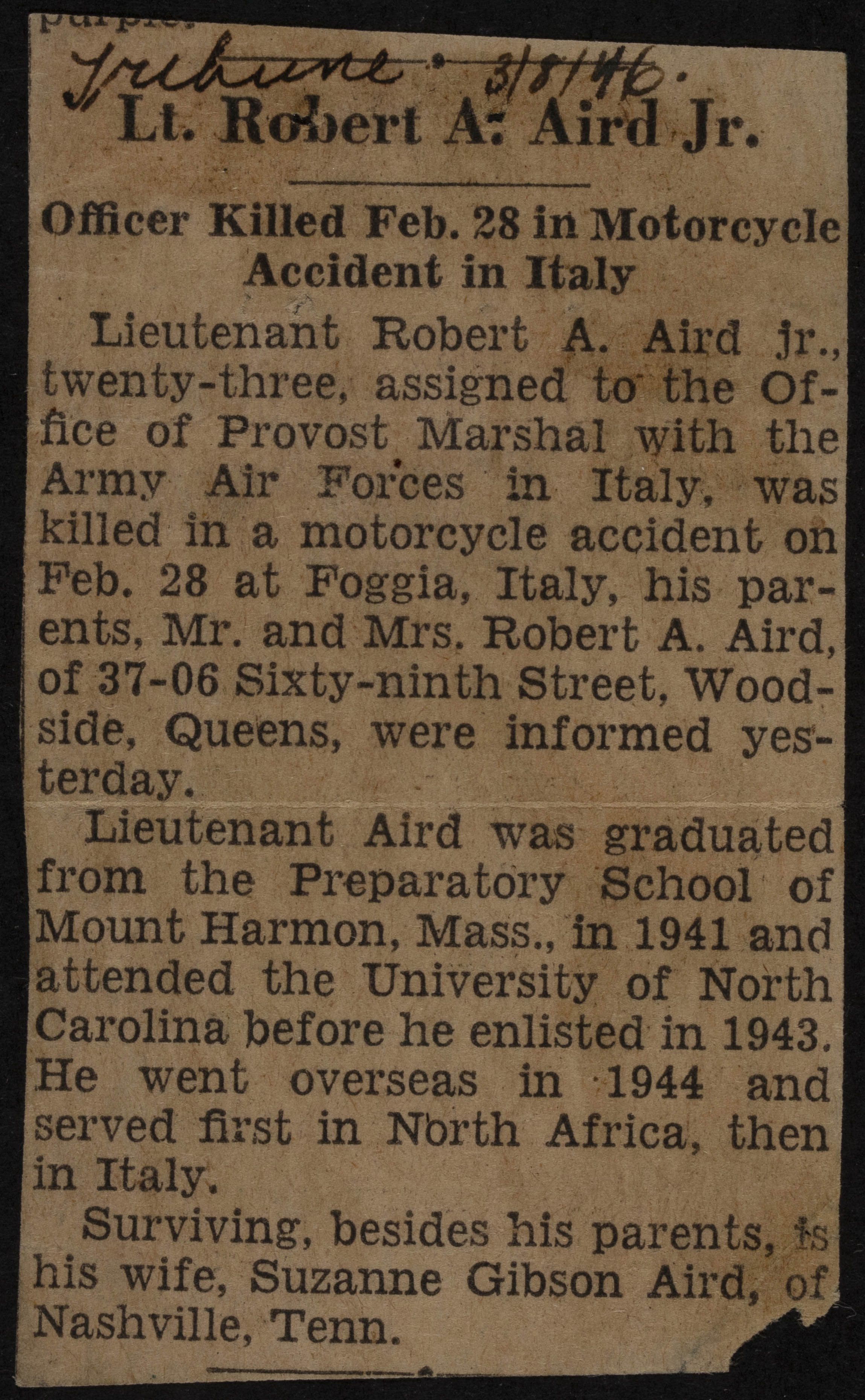 Robert Alexander Aird Newspaper Clipping, March 8, 1946