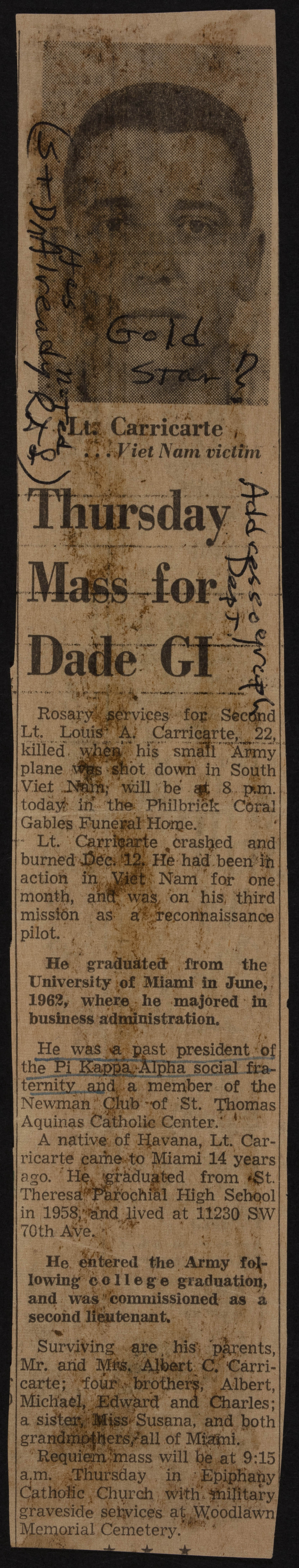 Thursday Mass for Dade GI Newspaper Clipping