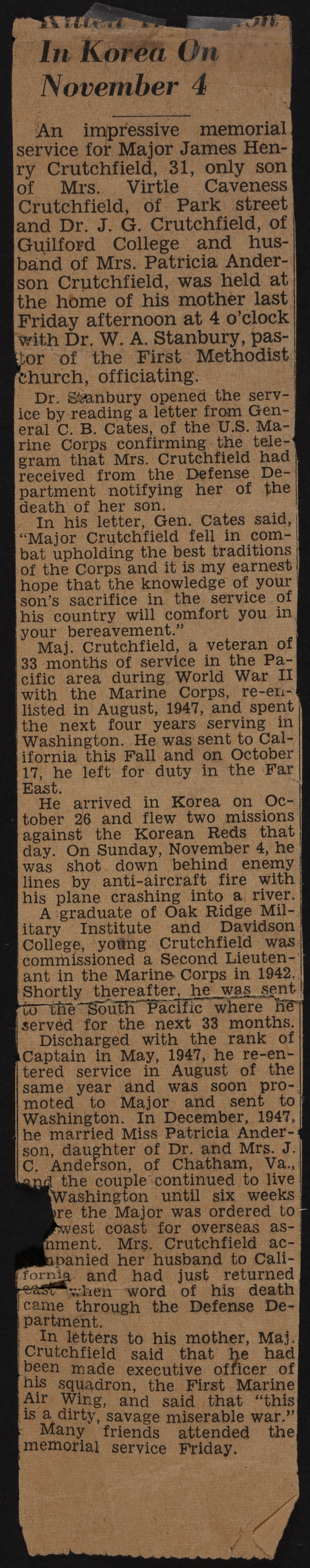 James Henry Crutchfield Newspaper Clipping