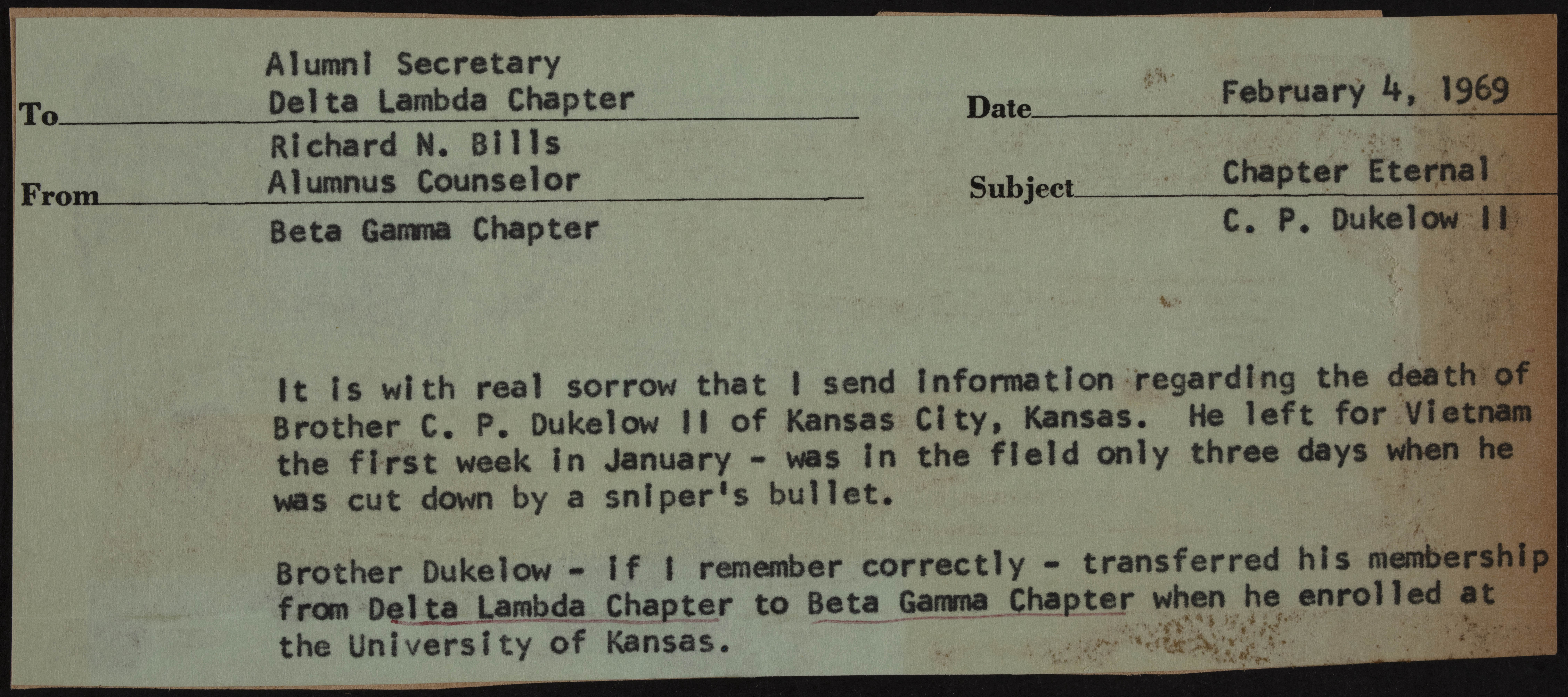 Richard N. Bills to Alumni Secretary Delta Lambda Chapter Memorandum, February 4, 1969