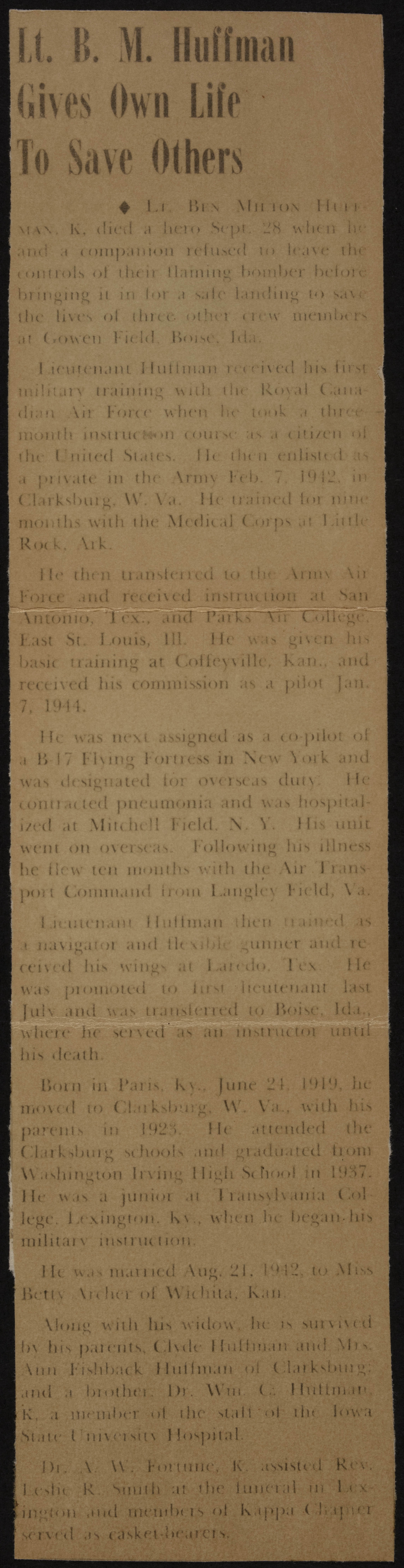 Lt. B. M. Huffman Gives Own Life To Save Others Newspaper Clipping, 1945