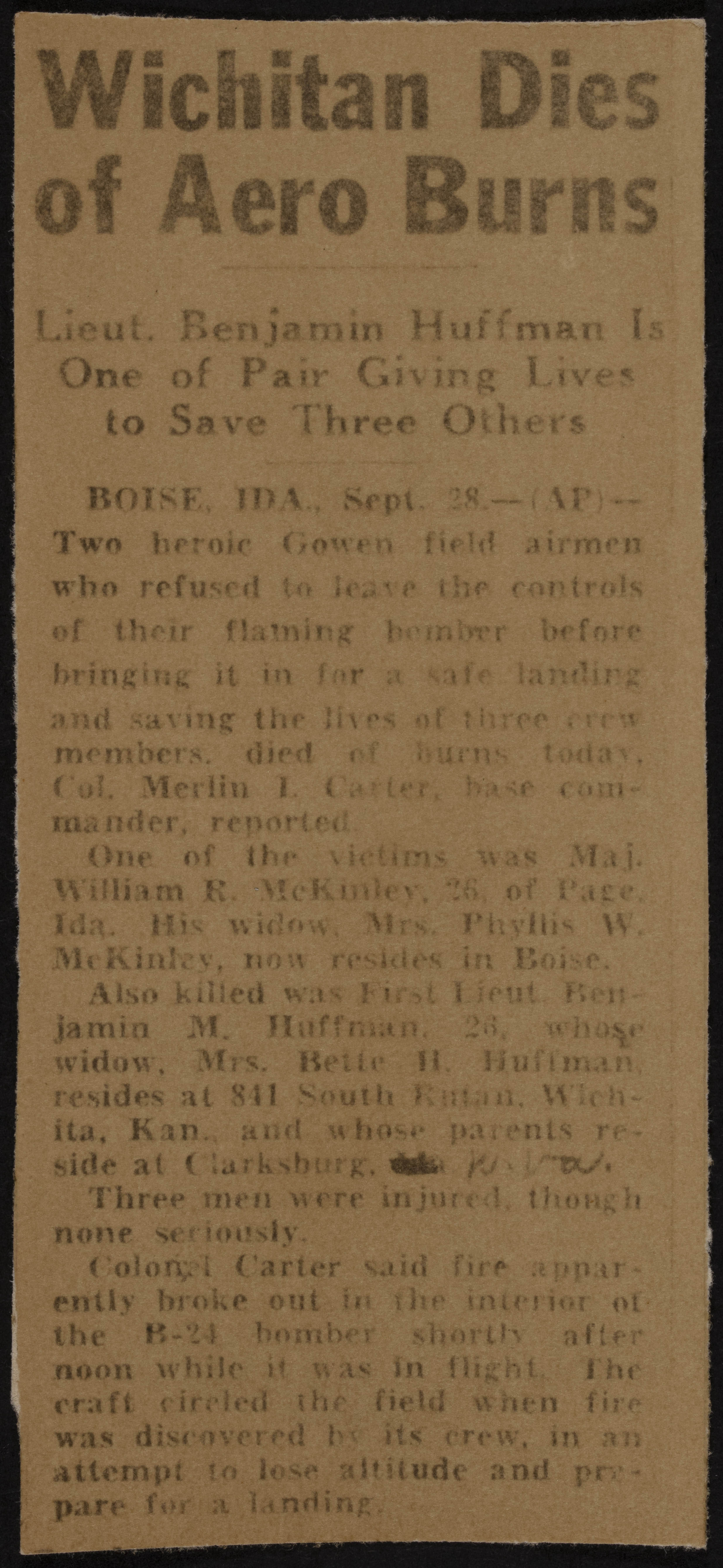 Wichitan Dies of Aero Burns Newspaper Clipping, September 28, 1945