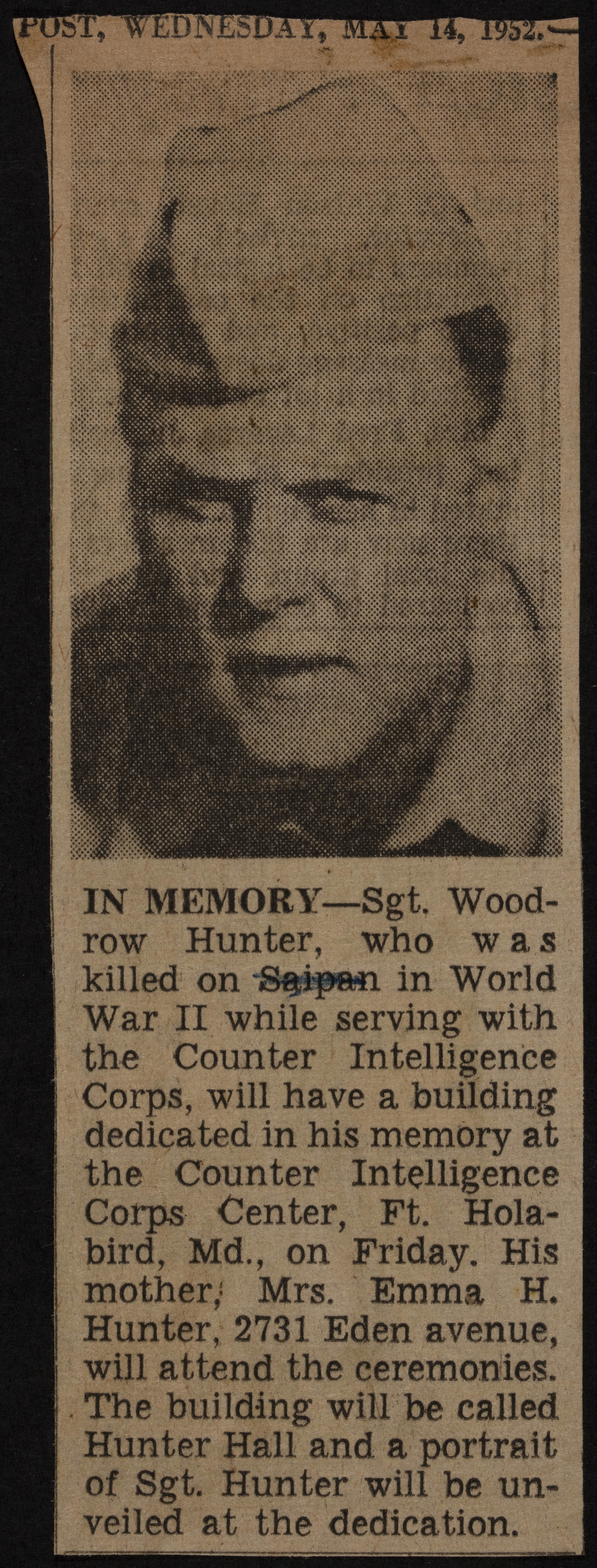 In Memory Woodrow G. Hunter Newspaper Clipping, May 14, 1952