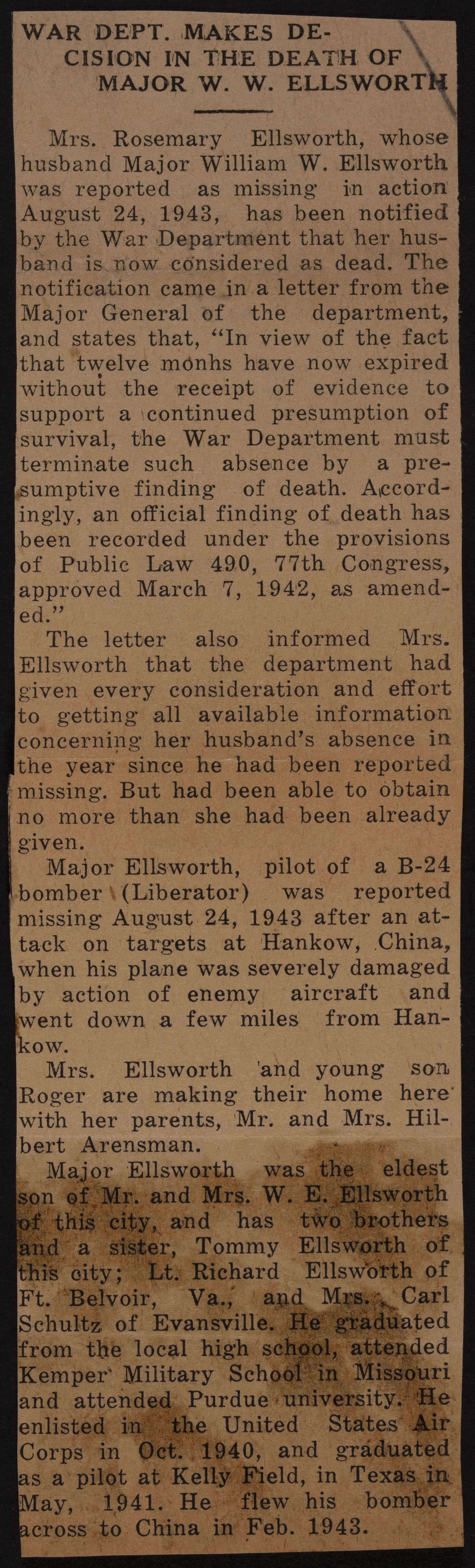 War Dept Makes Decision in the Death of Major William Wesley Ellsworth Newspaper Clipping