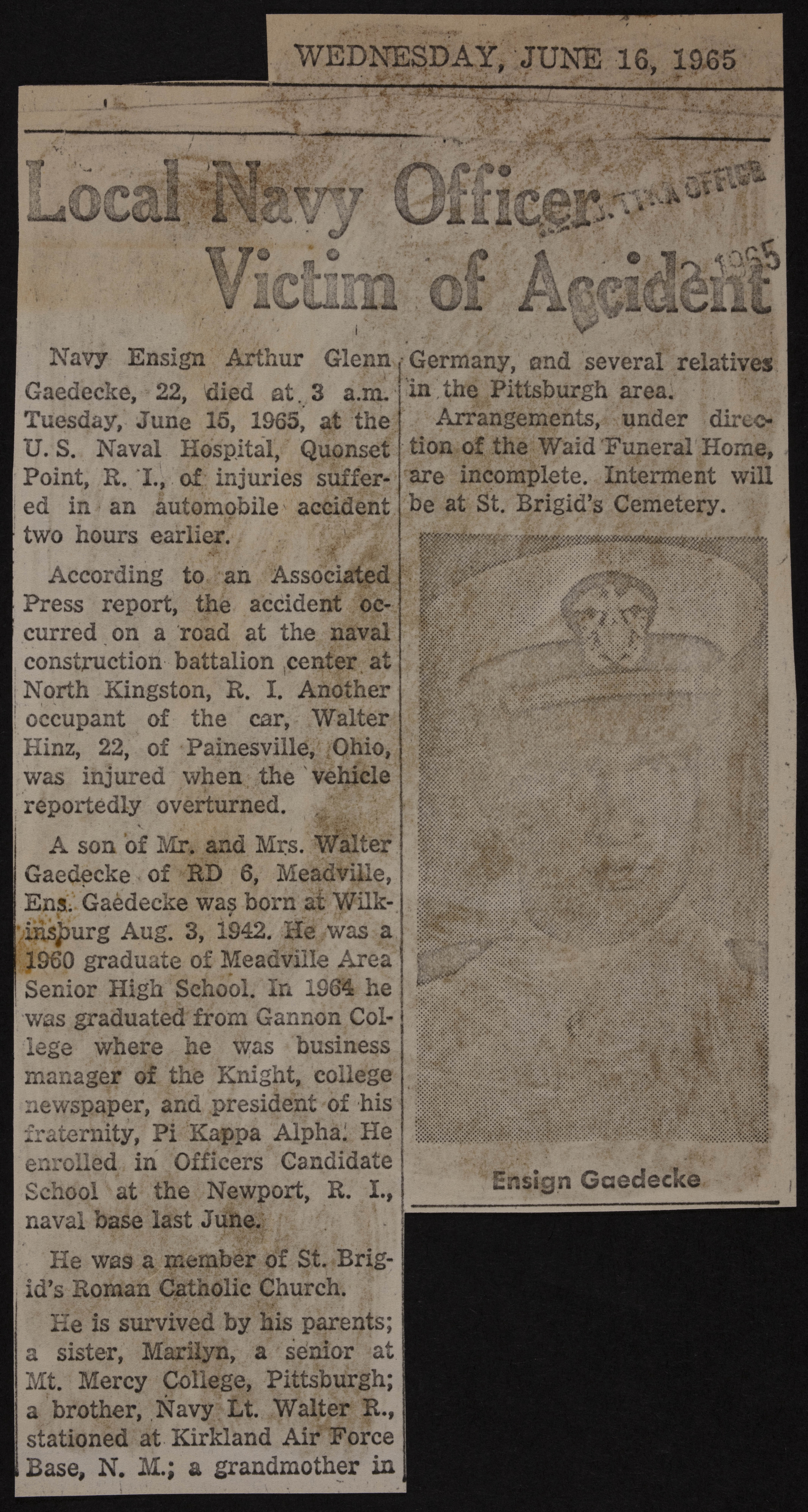 Arthur Glen Gaedecke Death Newspaper Clipping, June 16, 1965