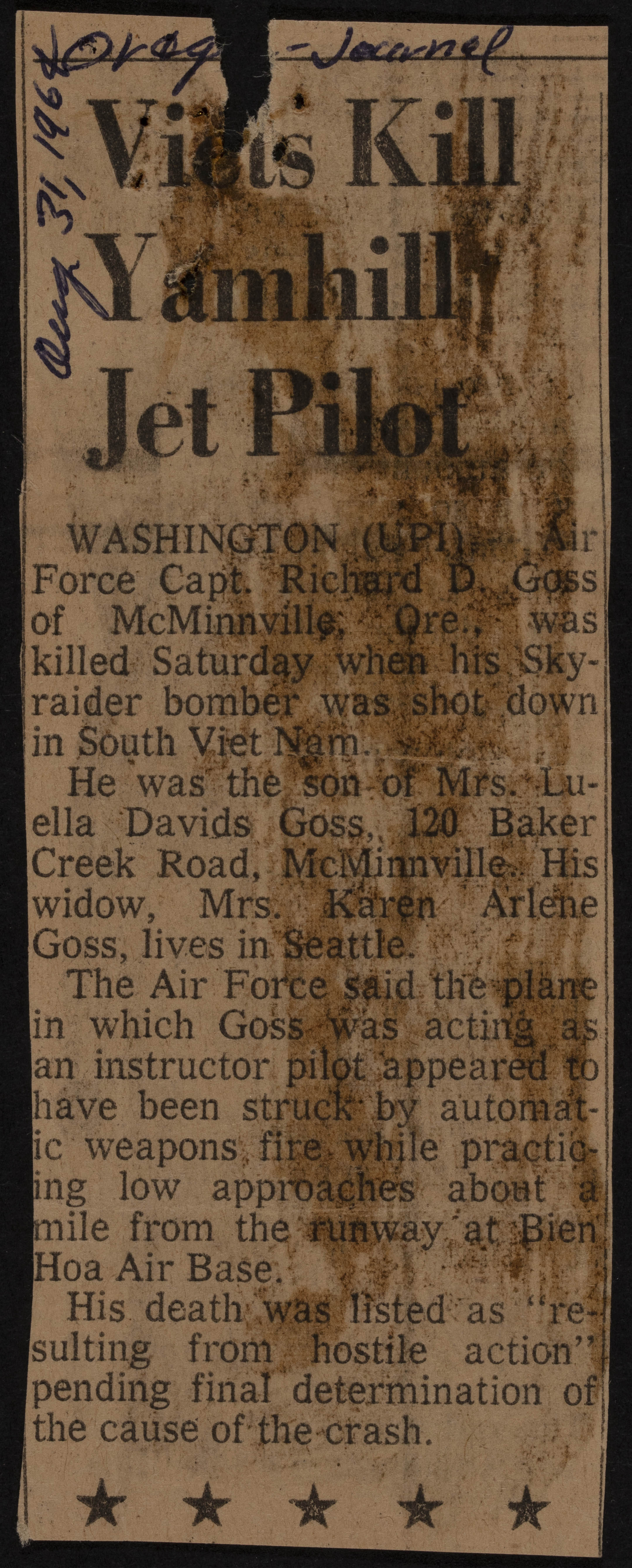 Viets Kill Yamhill Jet Pilot Newspaper Clipping, August 31, 1964