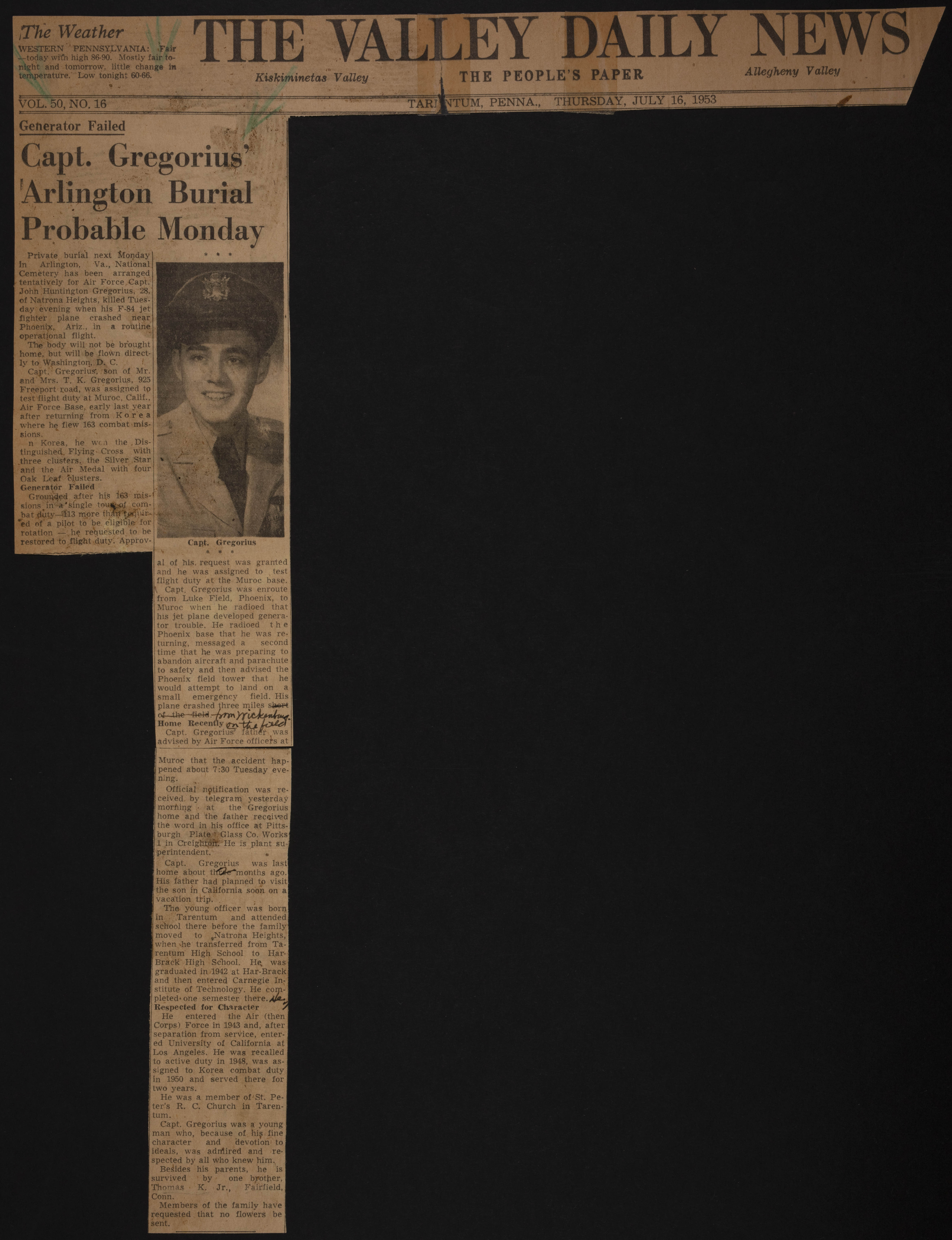 Capt. Gregorius' Arlington Burial Probably Monday Newspaper Clipping, July 16, 1953