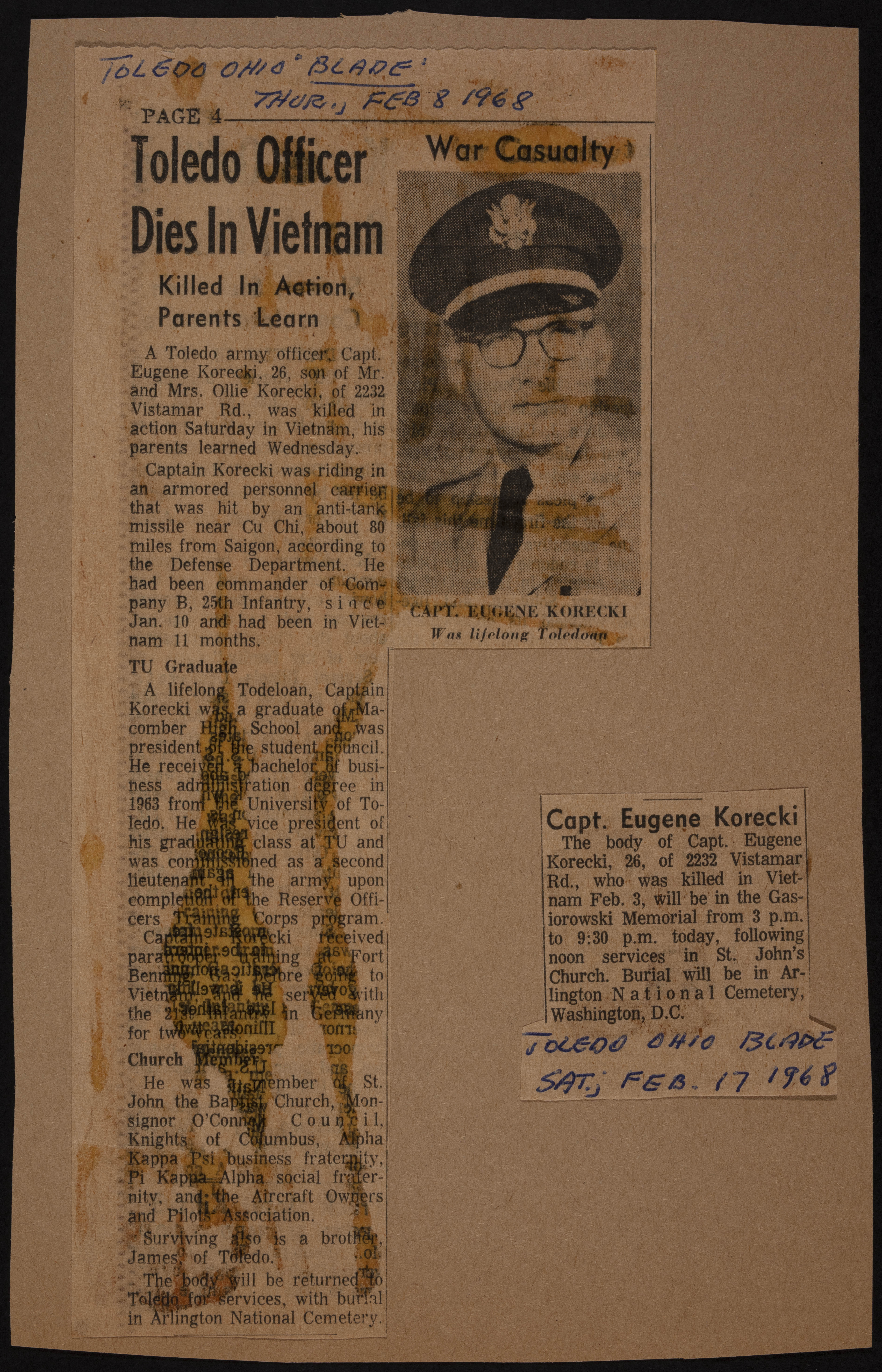 Capt. Eugene Korecki Newspaper Clipping, February 17, 1968