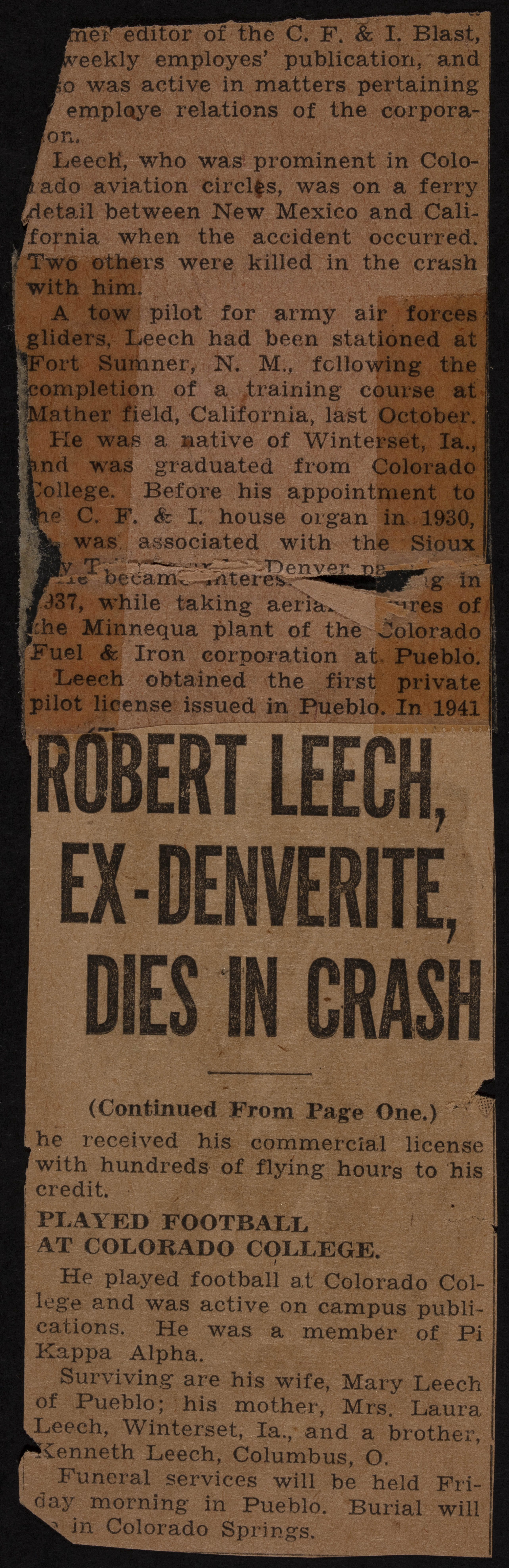 Robert Leech, Ex-Denverite, Dies in Crash Newspaper Clipping