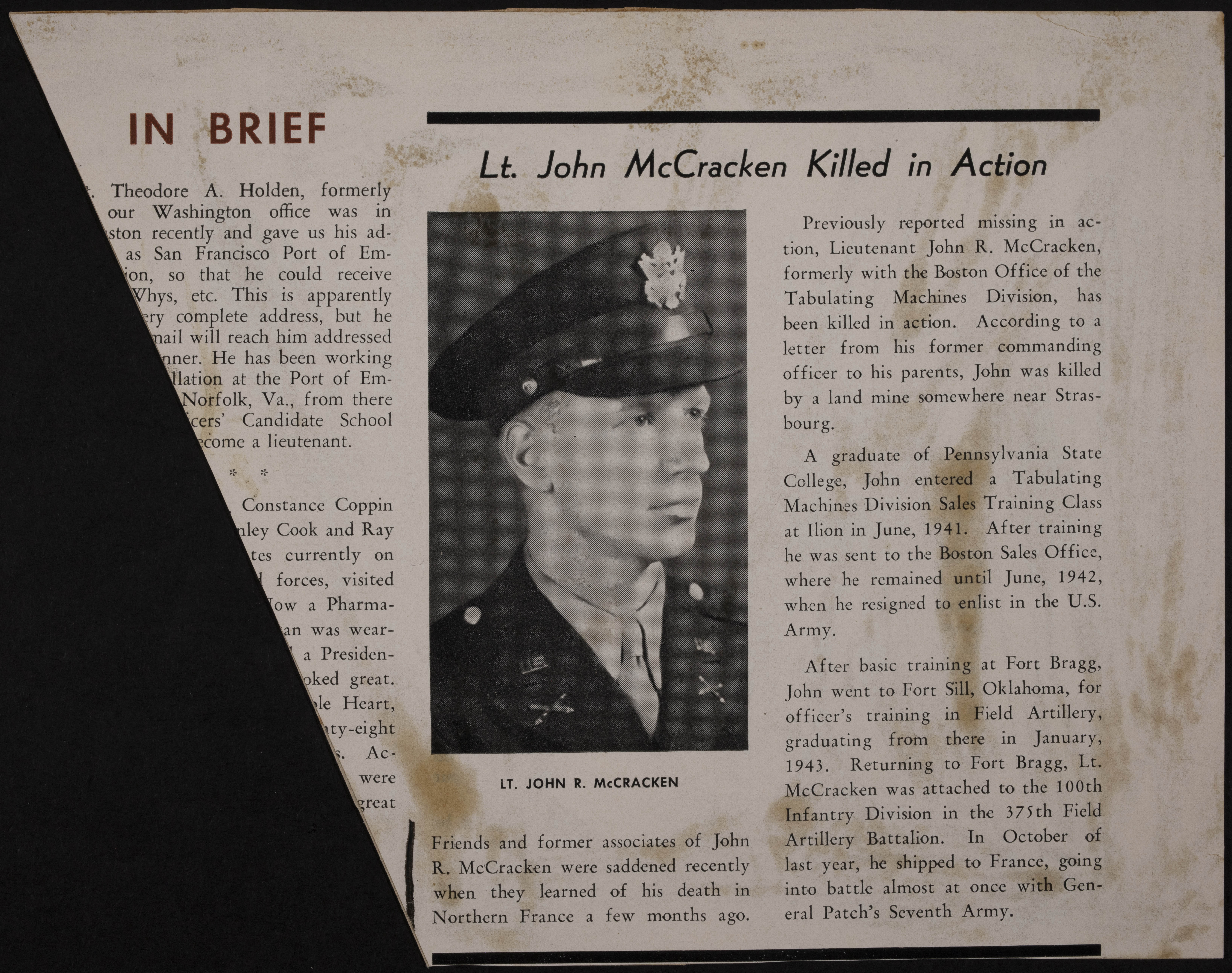Lt. John McCracken Killed in Action Magazine Clipping