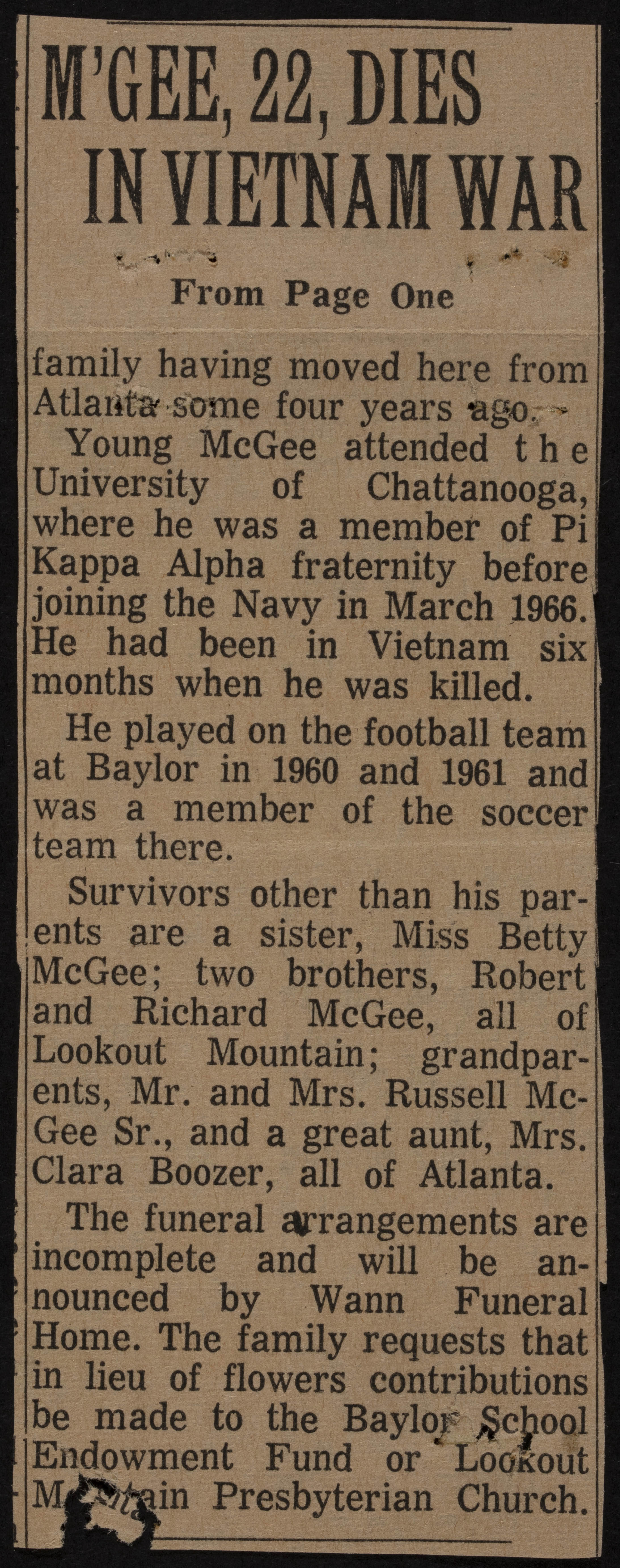 McGee, 22, and Walker, 18, killed Serving Country in Vietnam War Newspaper Clipping