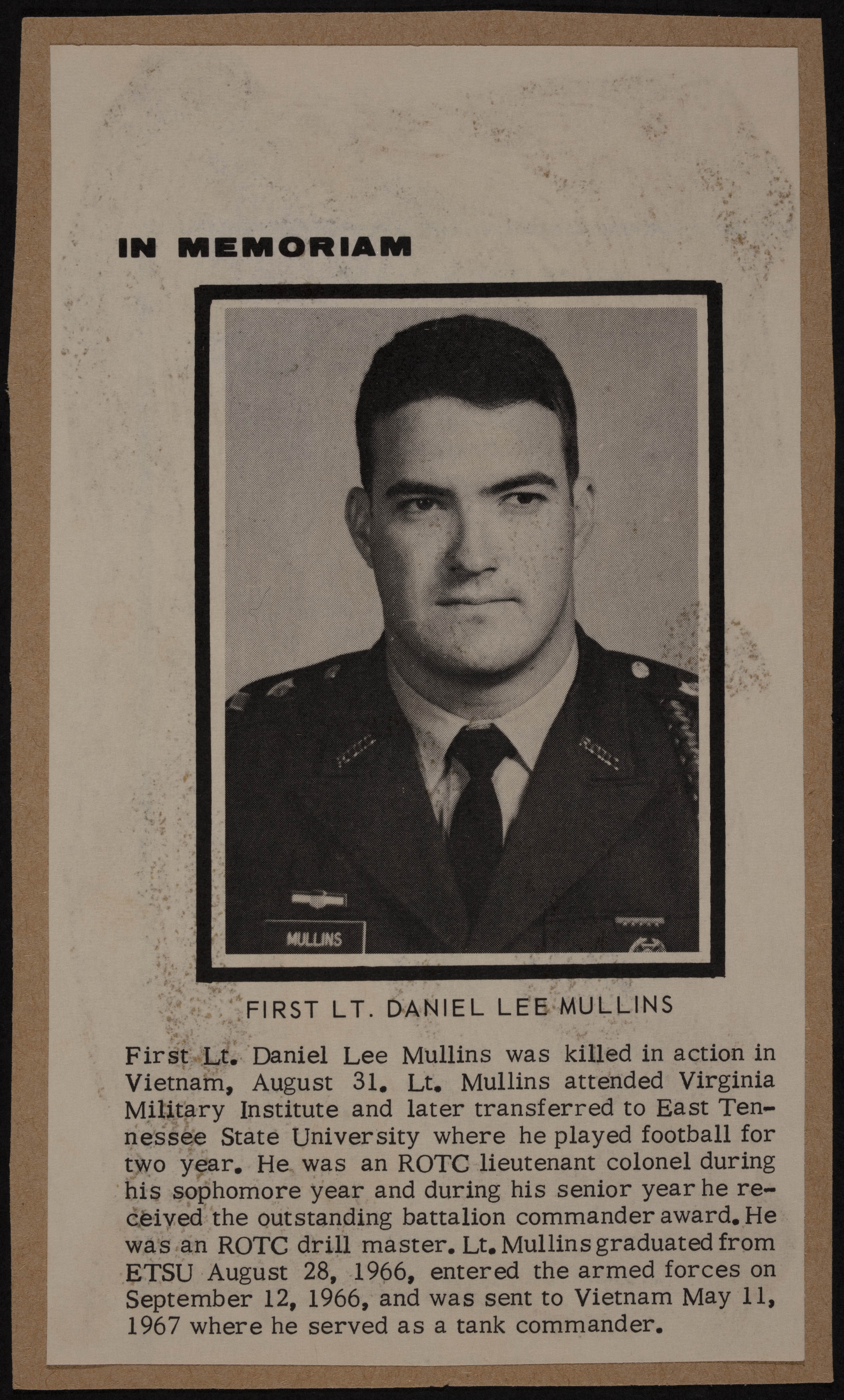 In Memoriam First Lt. Daniel Lee Mullins Magazine Clipping