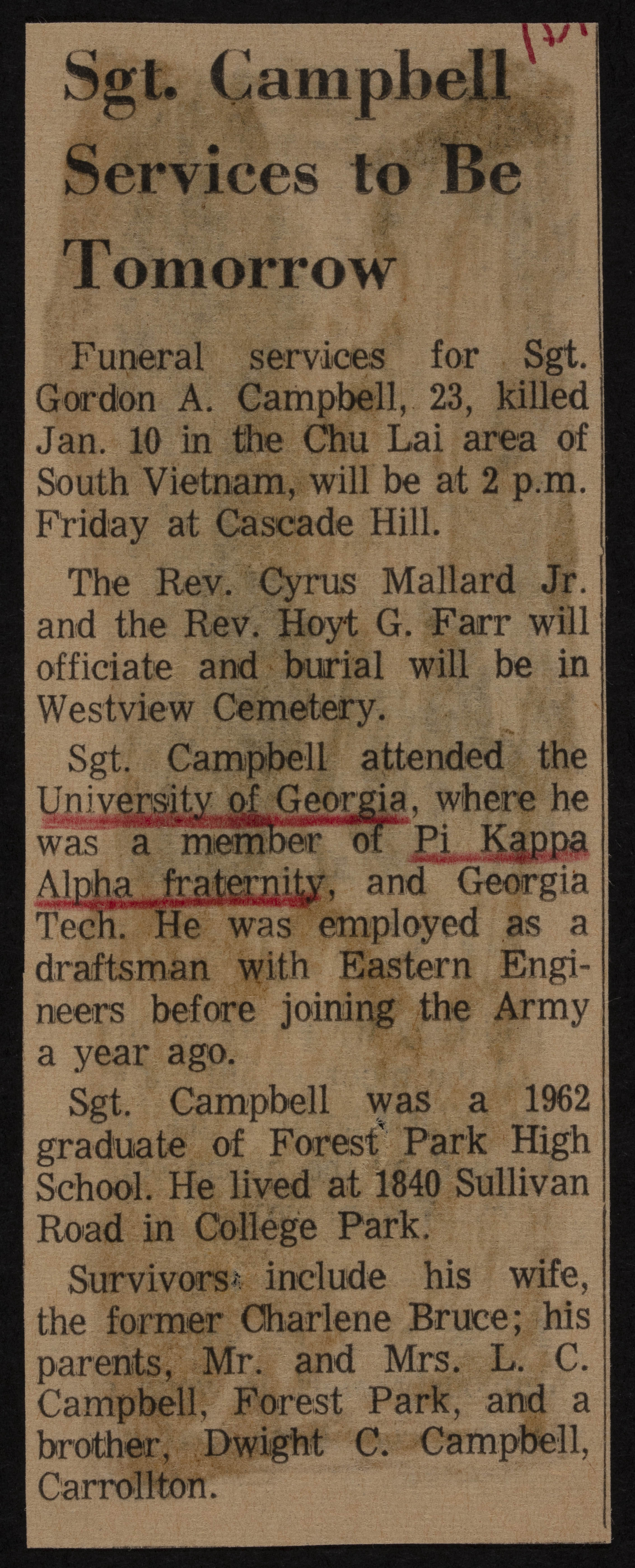 Sgt. Campbell Services to Be Tomorrow Newspaper Clipping